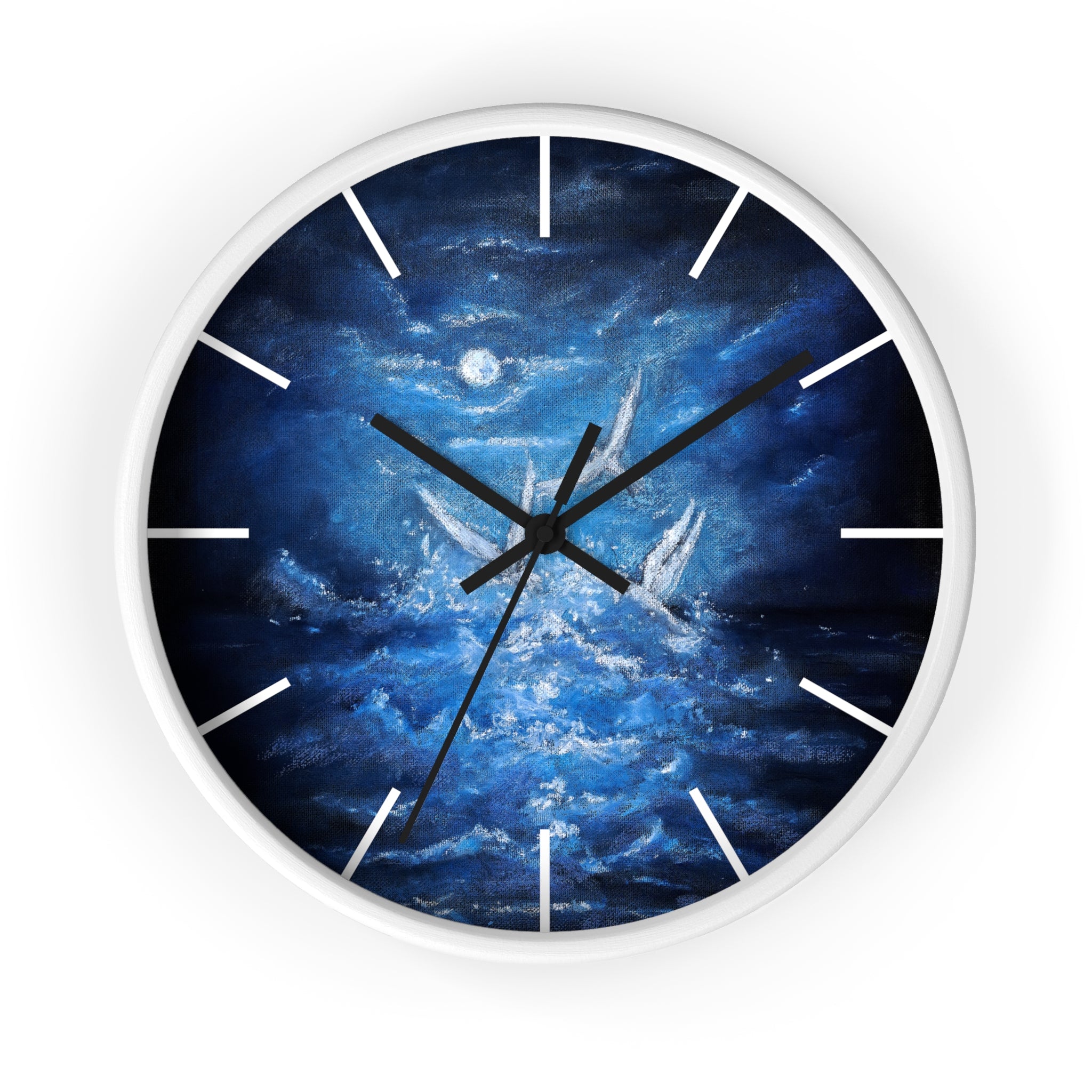 Blue Ocean Birds Wall Clock – Moonlit Sea White Birds Art