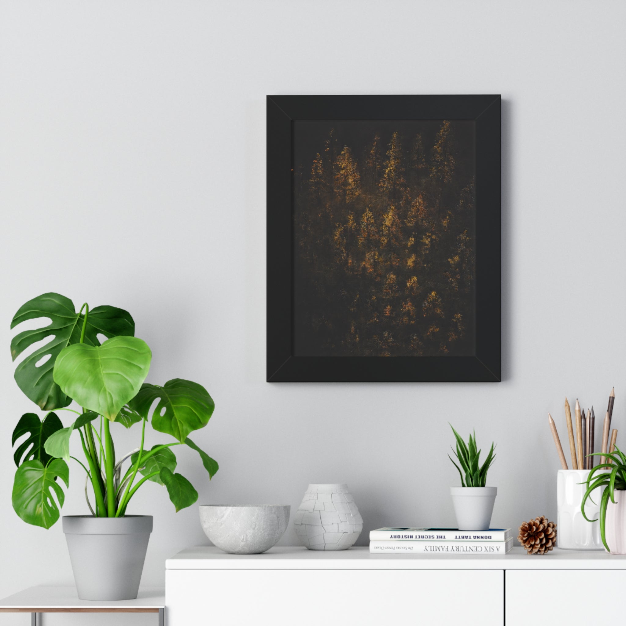 Framed Poster — Moody Golden Forest Wall Art (Vertical)