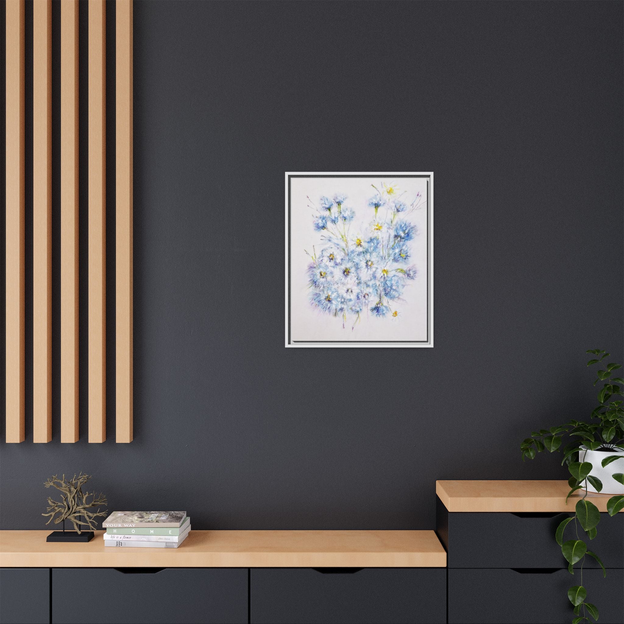 Blue Wildflower Watercolor Canvas Print — Framed Matte Wall Art