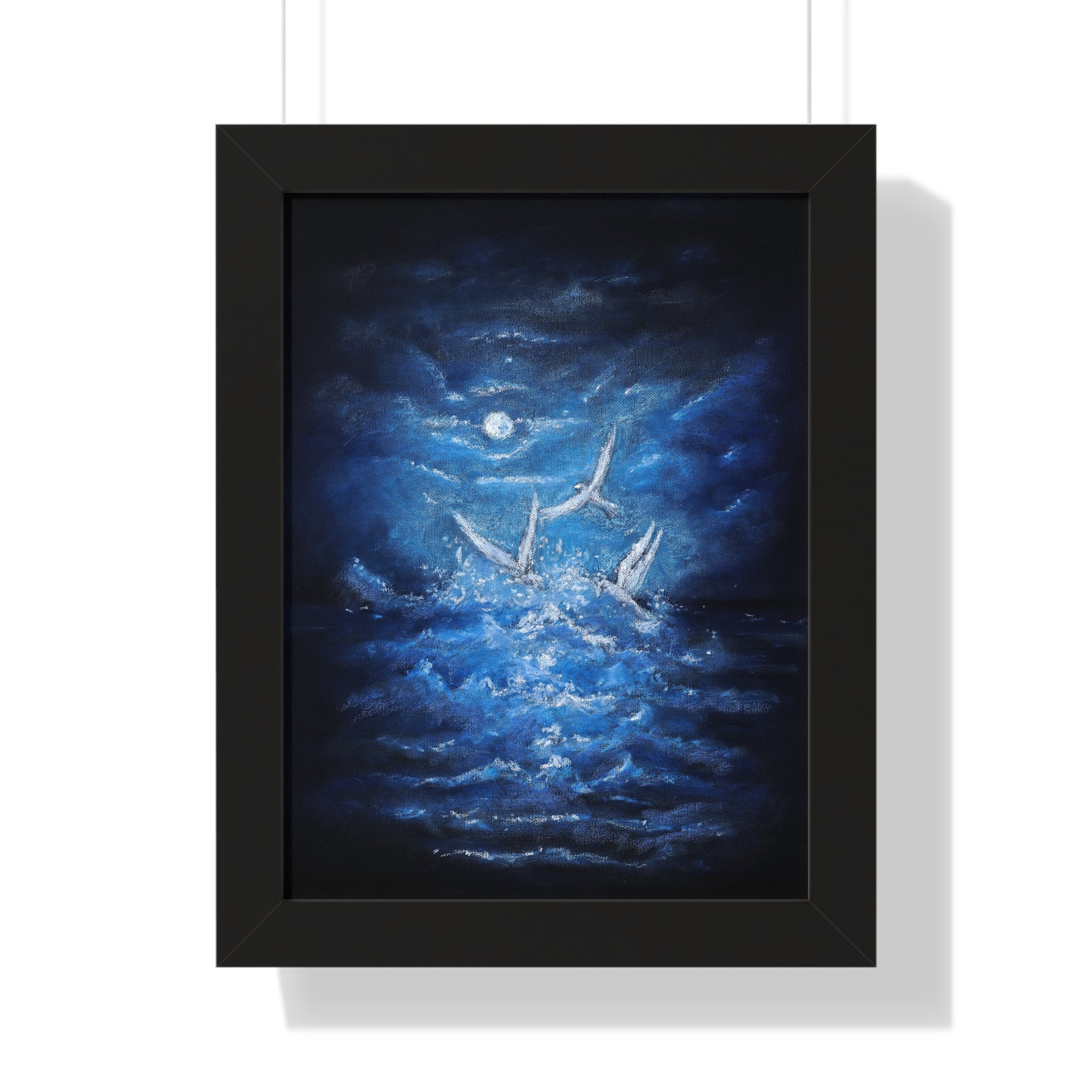 Framed Poster — Moonlit Sea with Flying Birds (Vertical)