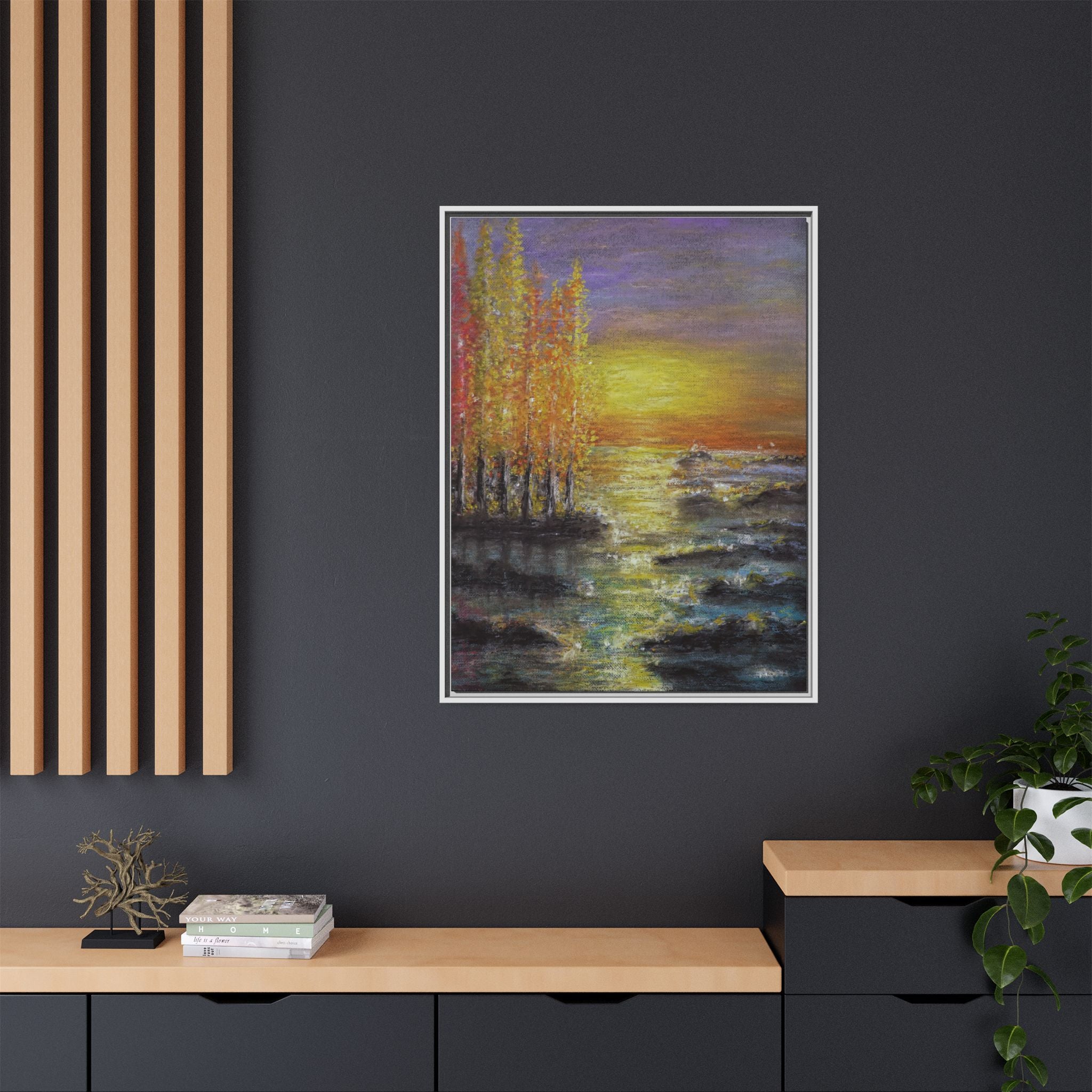 Tranquil Sunset Lake - Framed Matte Canvas Art Print