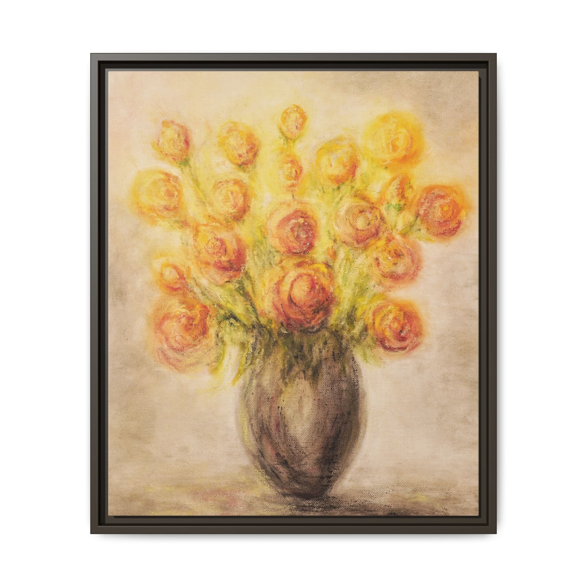 Framed Matte Canvas Floral Bouquet Wall Art — Yellow Rose Vase Print