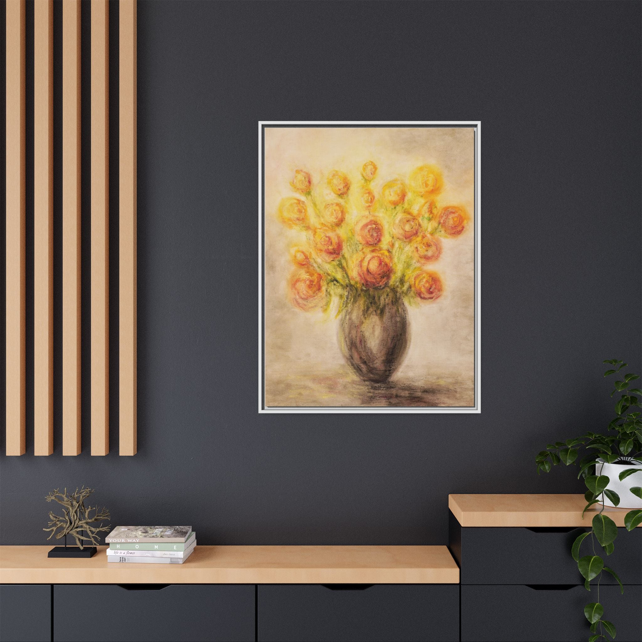 Framed Matte Canvas Floral Bouquet Wall Art — Yellow Rose Vase Print