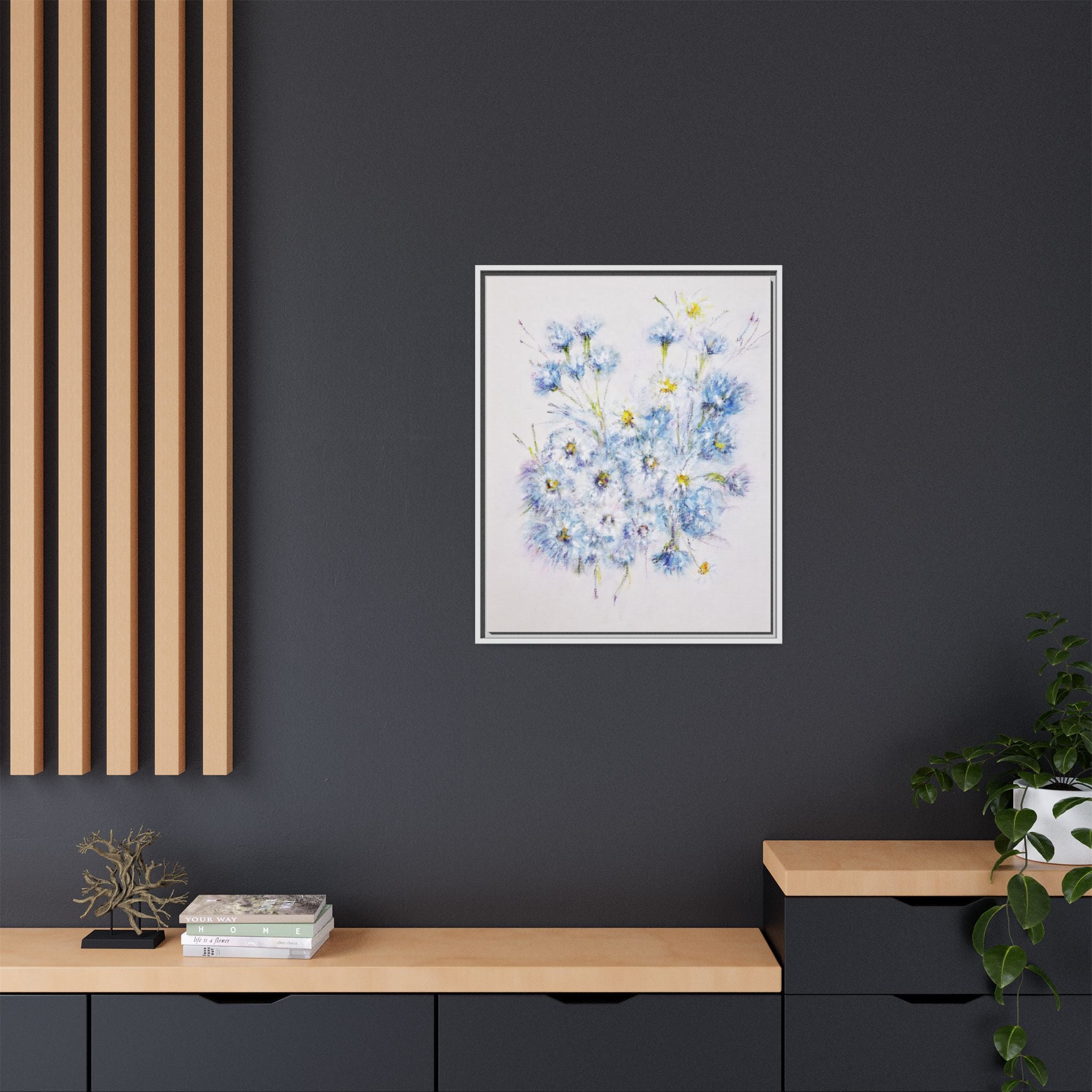 Blue Wildflower Watercolor Canvas Print — Framed Matte Wall Art