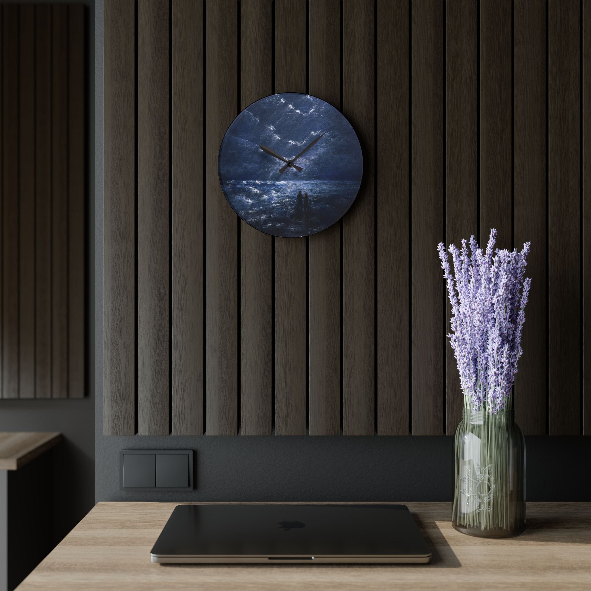 Acrylic Wall Clock — Moody Coastal Nightscape Clock (Couple on Shore)