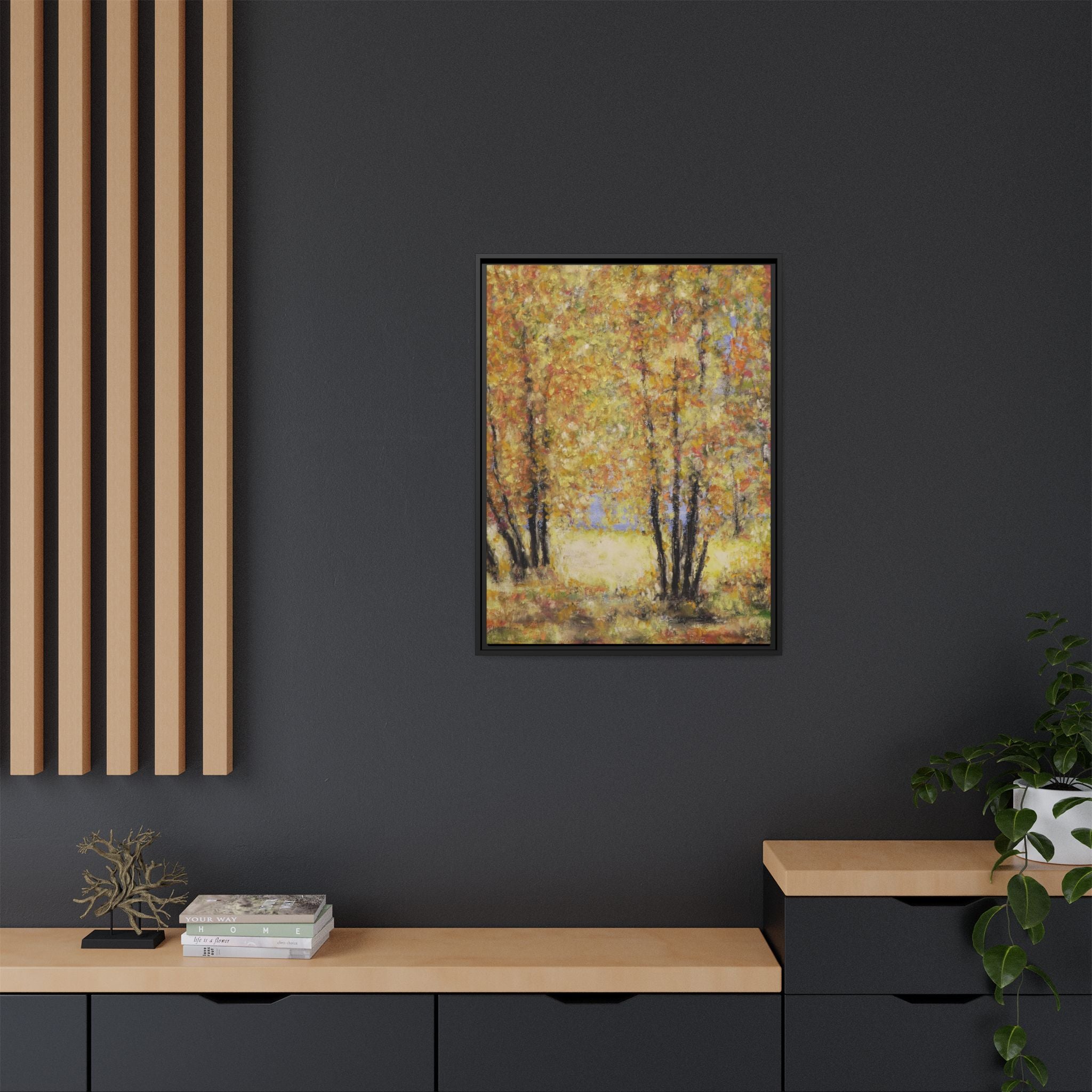 Framed Matte Canvas Autumn Forest Wall Art — Golden Trees Landscape Print