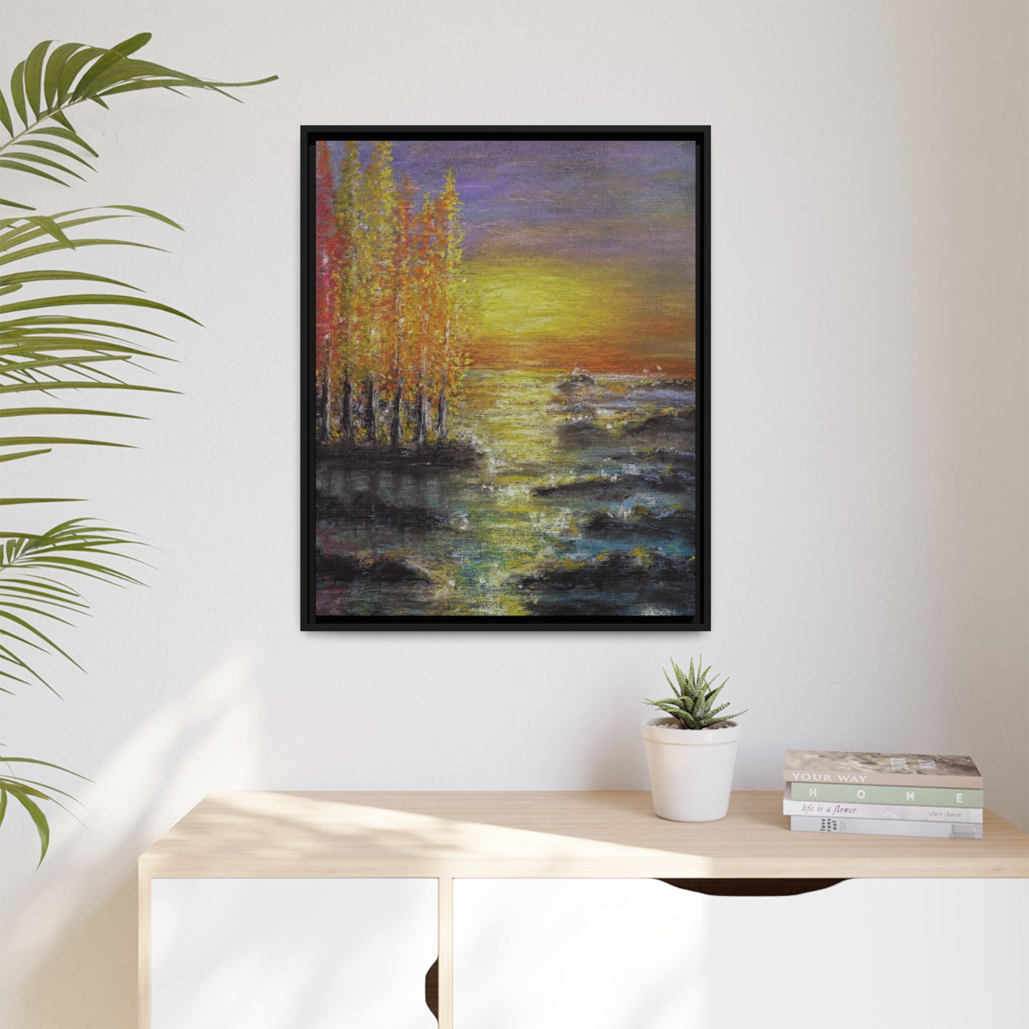 Tranquil Sunset Lake - Framed Matte Canvas Art Print