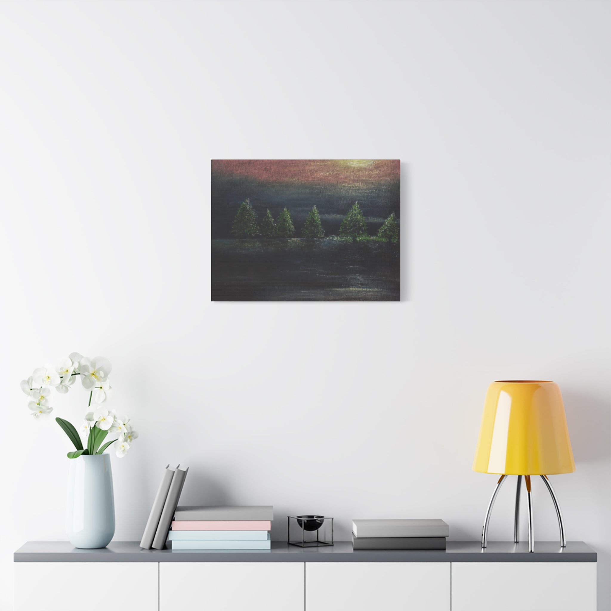 Moonlit Pine Trees Matte Canvas Wall Art — Stretched Nature Landscape Painting