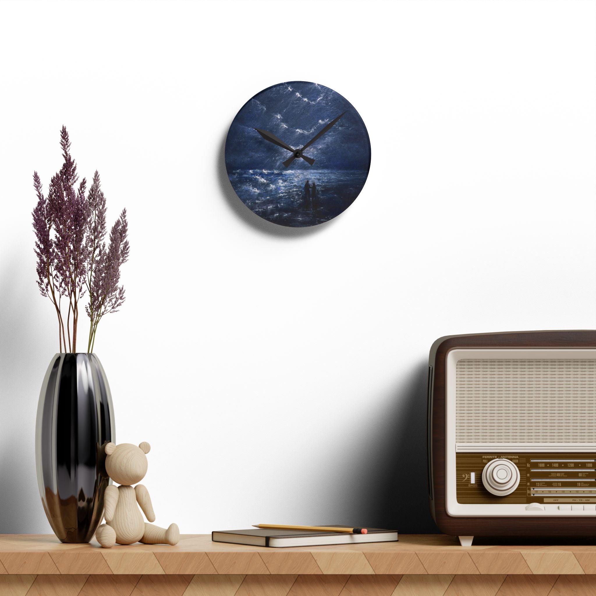 Acrylic Wall Clock — Moody Coastal Nightscape Clock (Couple on Shore)