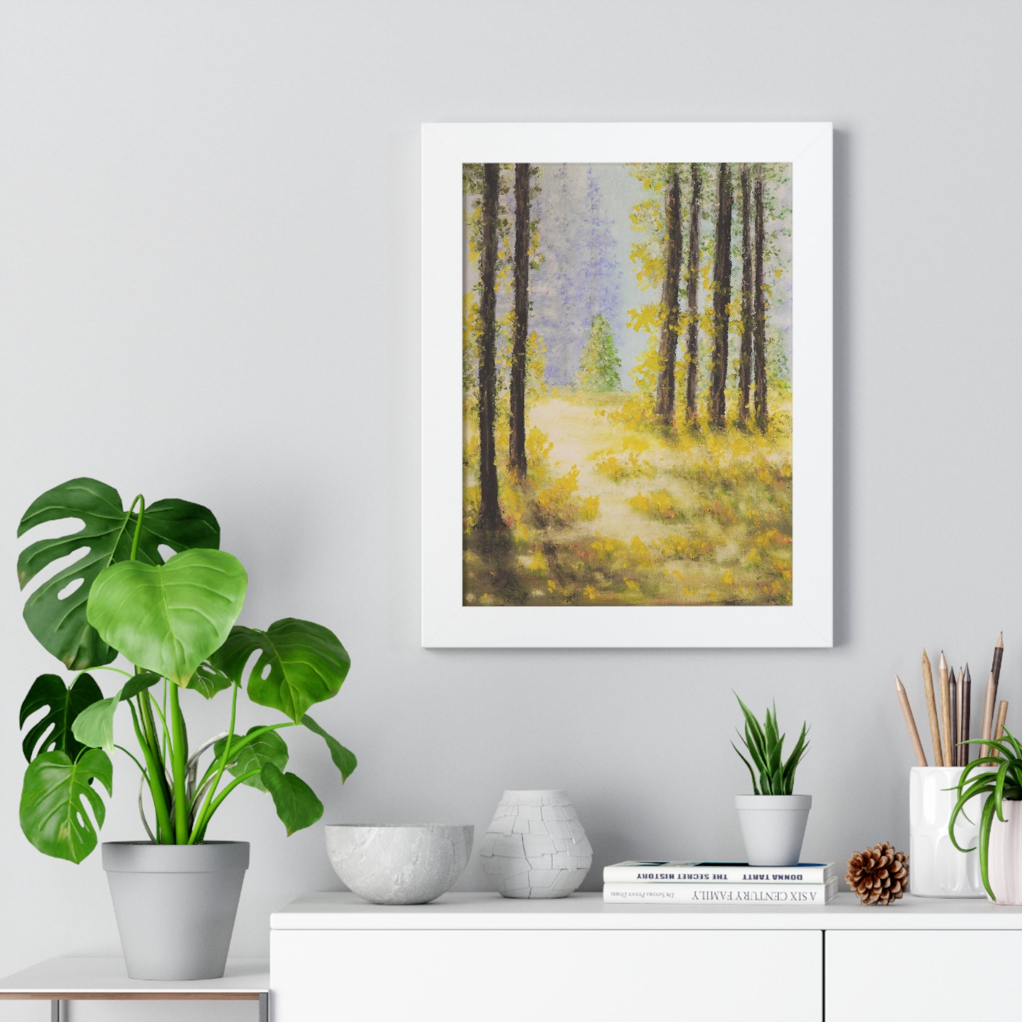Framed Poster — Serene Sunlit Forest Painting
