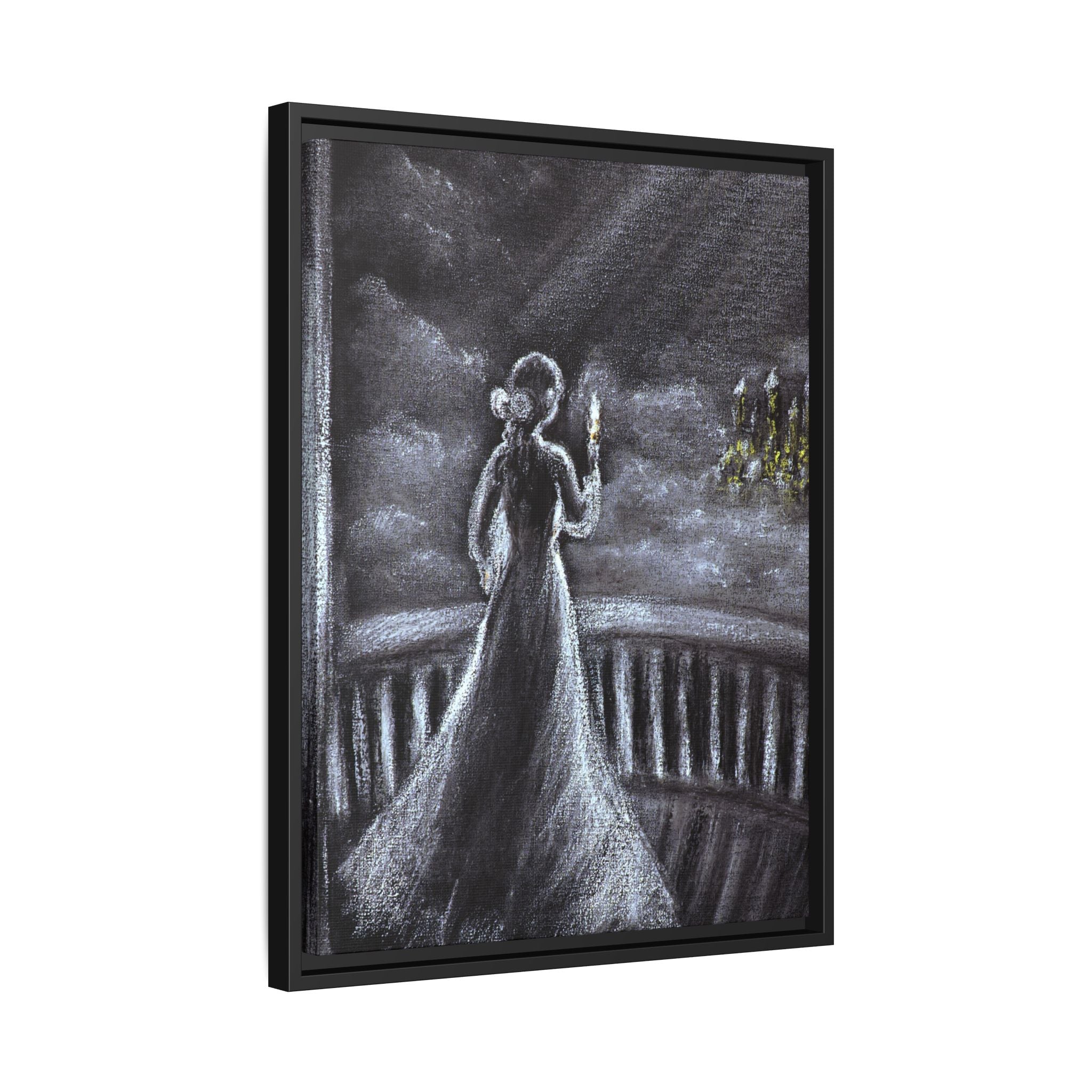 Framed Matte Canvas — Moonlit Lady on Balcony