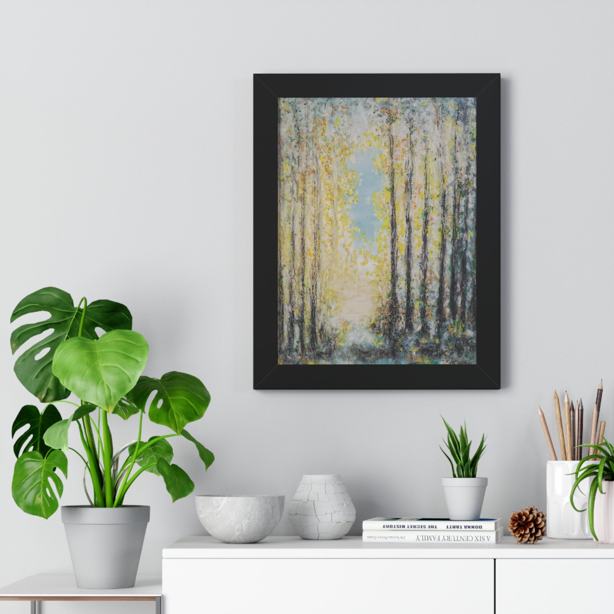 Framed Poster — Serene Sunlit Forest Vertical Art Print