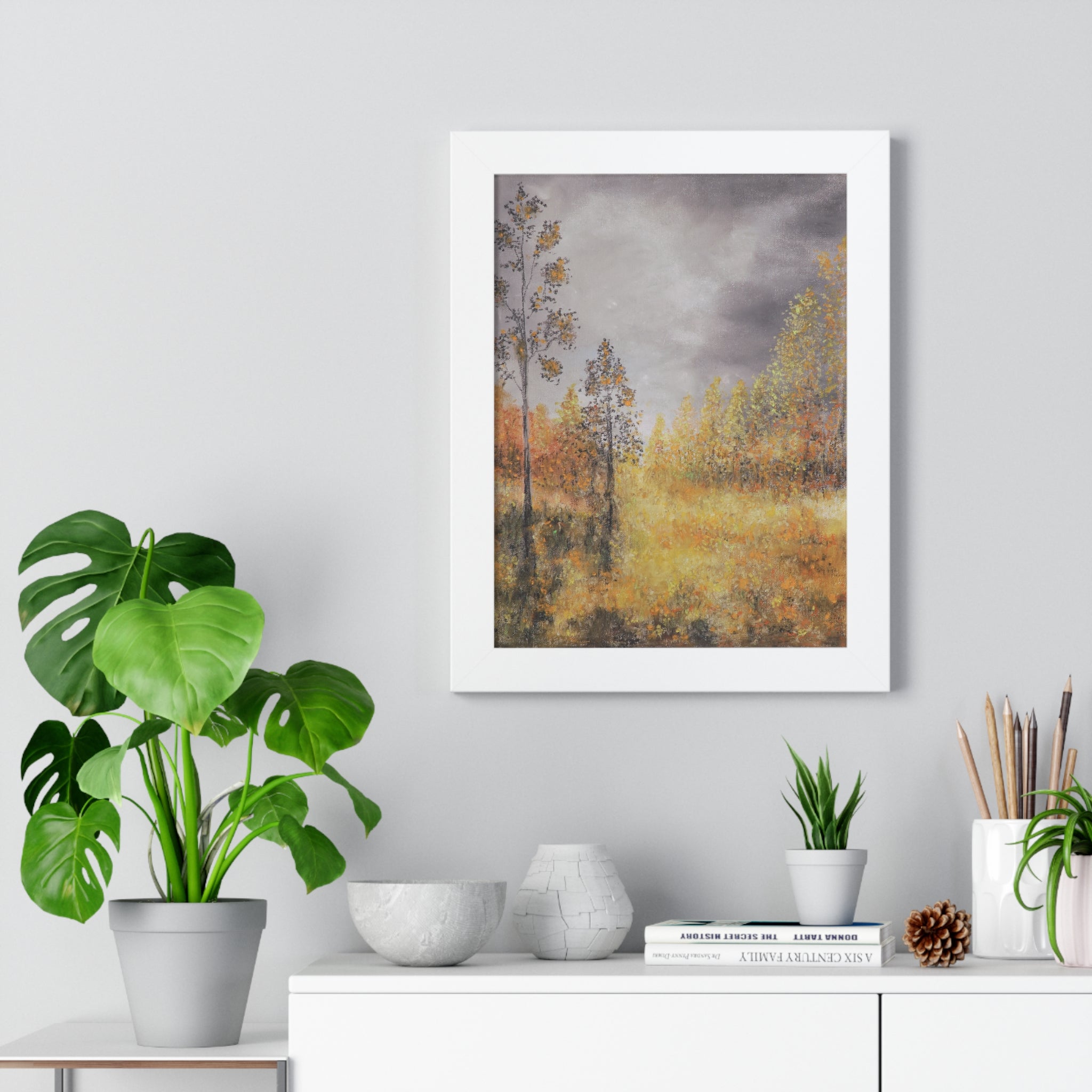 Autumn Meadow Framed Vertical Poster — Serene Fall Landscape Wall Art