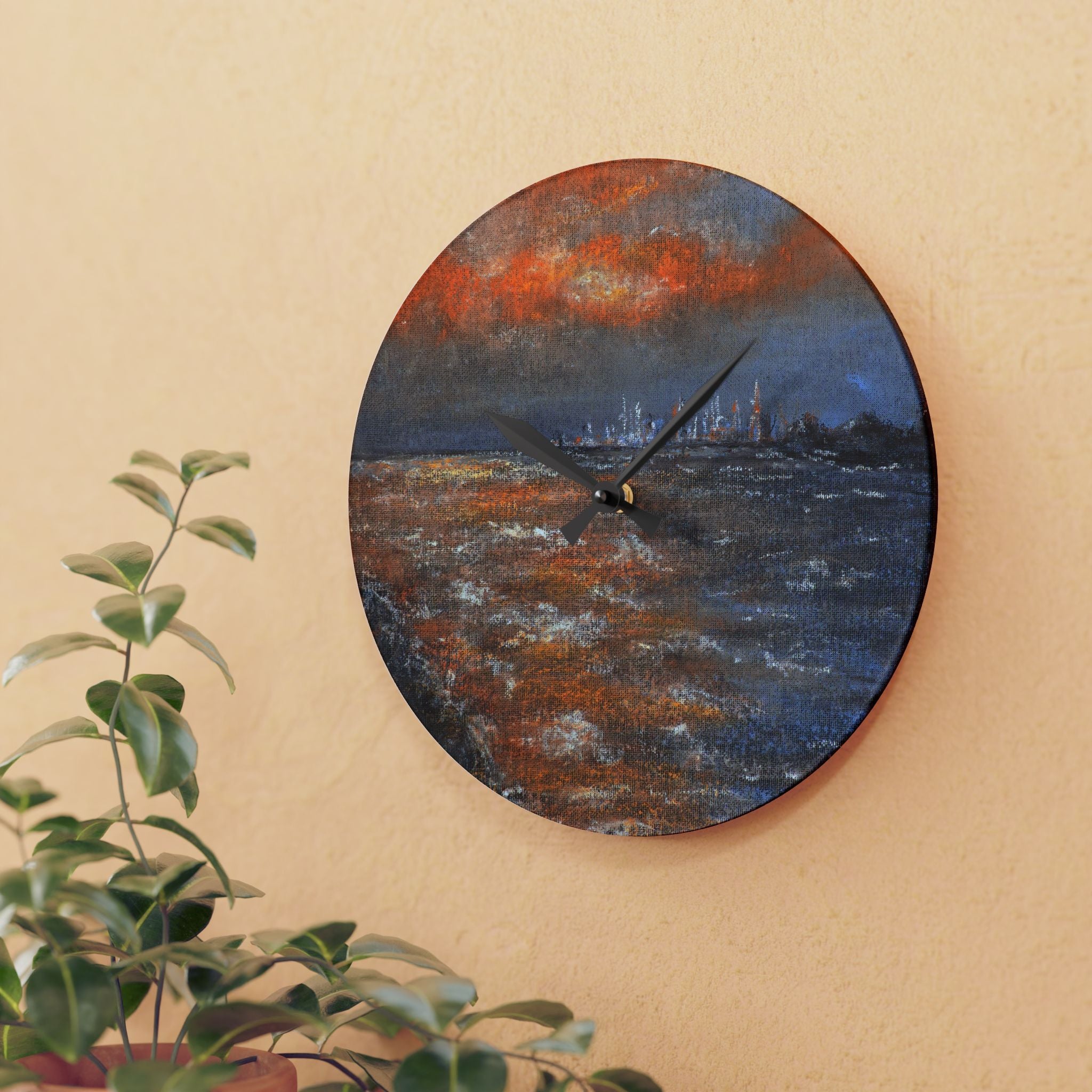 Abstract Seascape Acrylic Wall Clock — Moody Coastal Art Timepiece