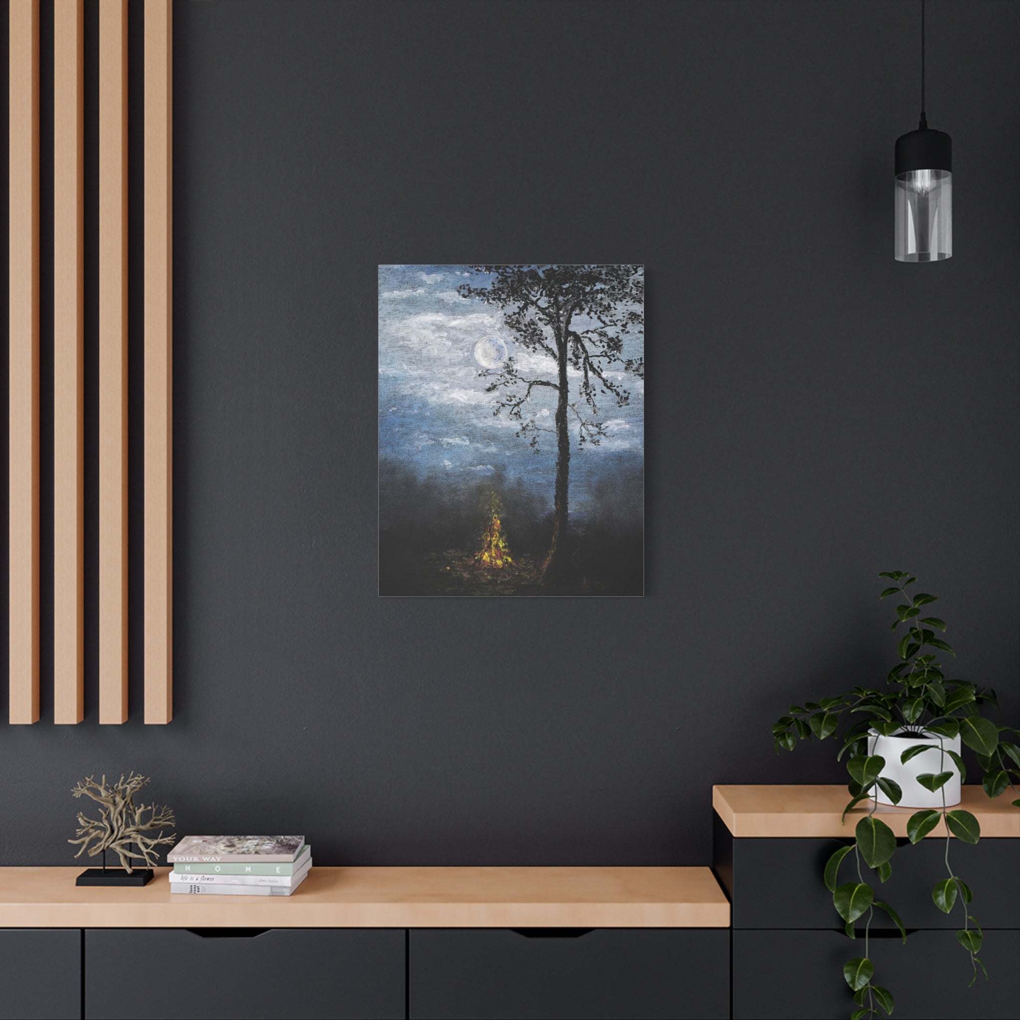 Moonlit Campfire Matte Canvas Wall Art — Night Forest Landscape