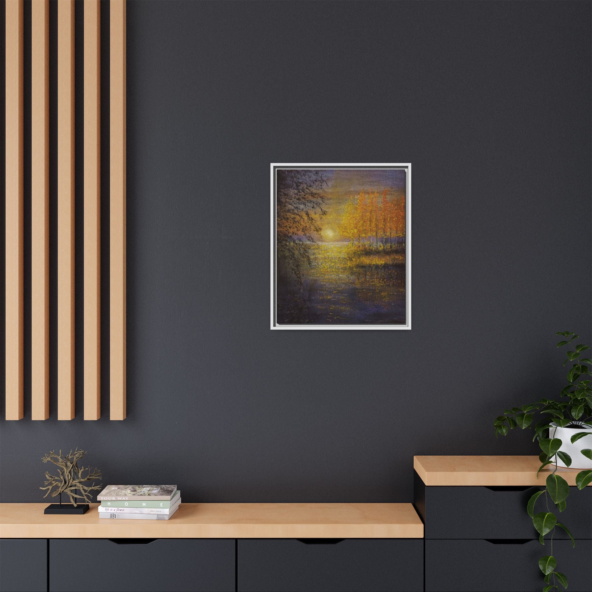 Framed Matte Canvas Painting - Golden Trees Over Tranquil Lake