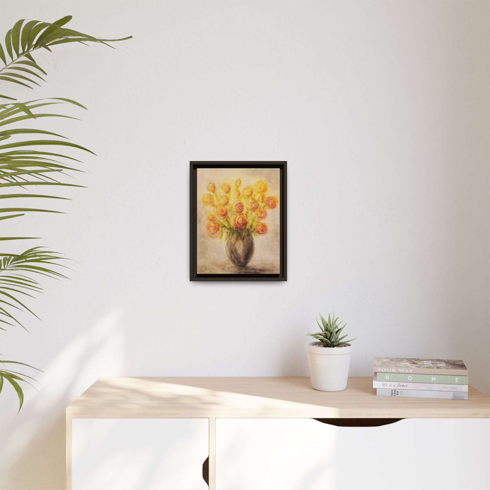 Framed Matte Canvas Floral Bouquet Wall Art — Yellow Rose Vase Print