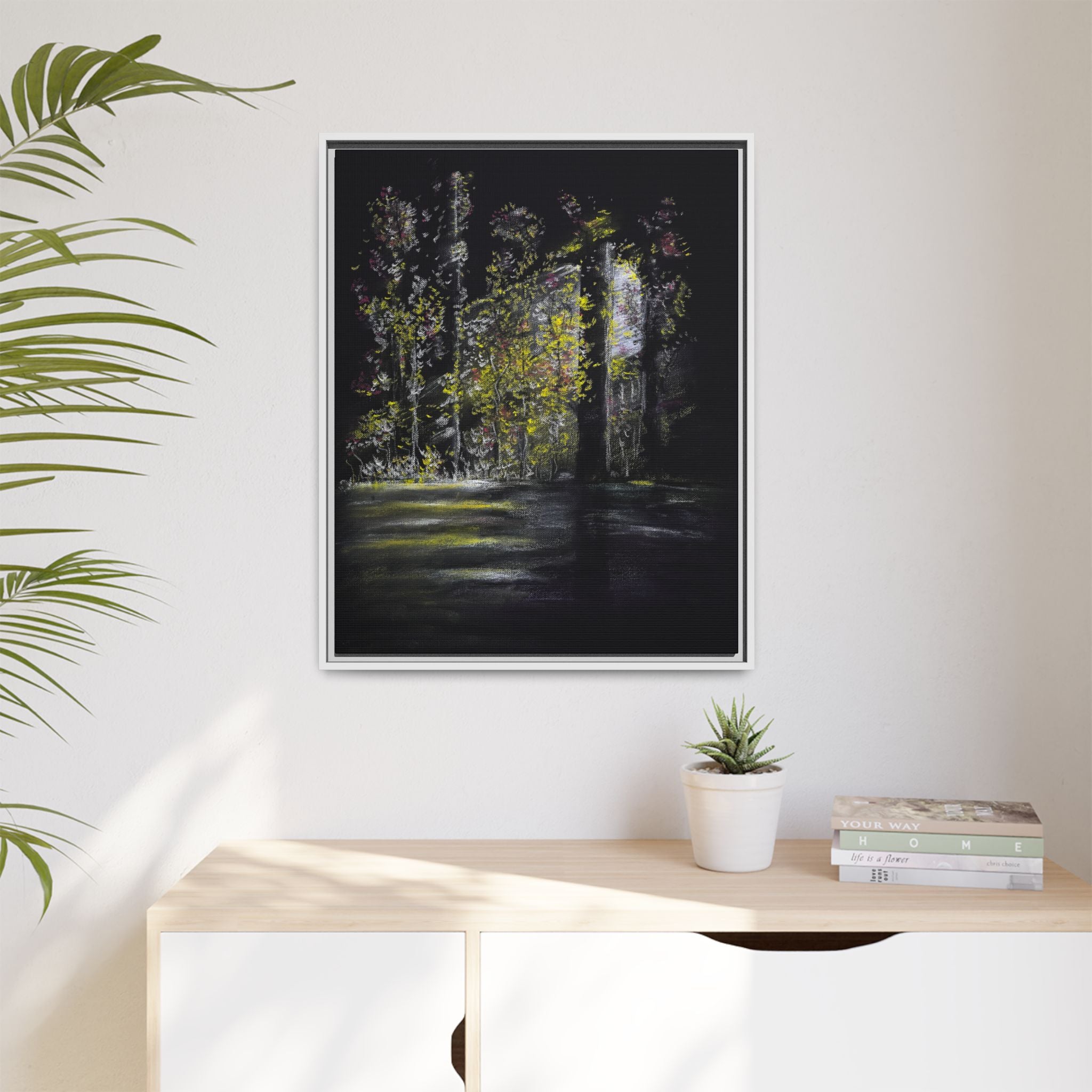 Framed Matte Canvas Forest Nightscape – Moody Woodland Wall Art