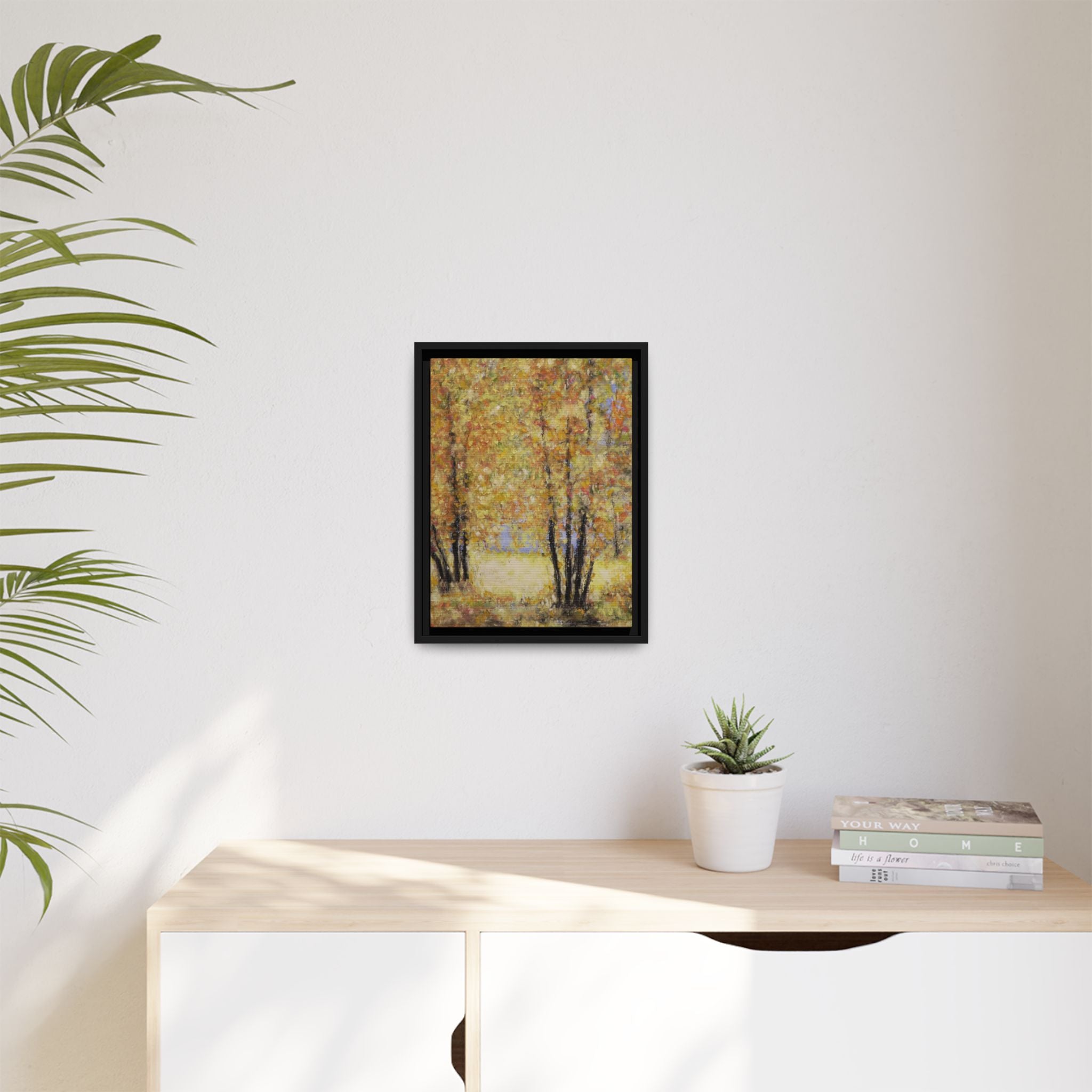 Framed Matte Canvas Autumn Forest Wall Art — Golden Trees Landscape Print