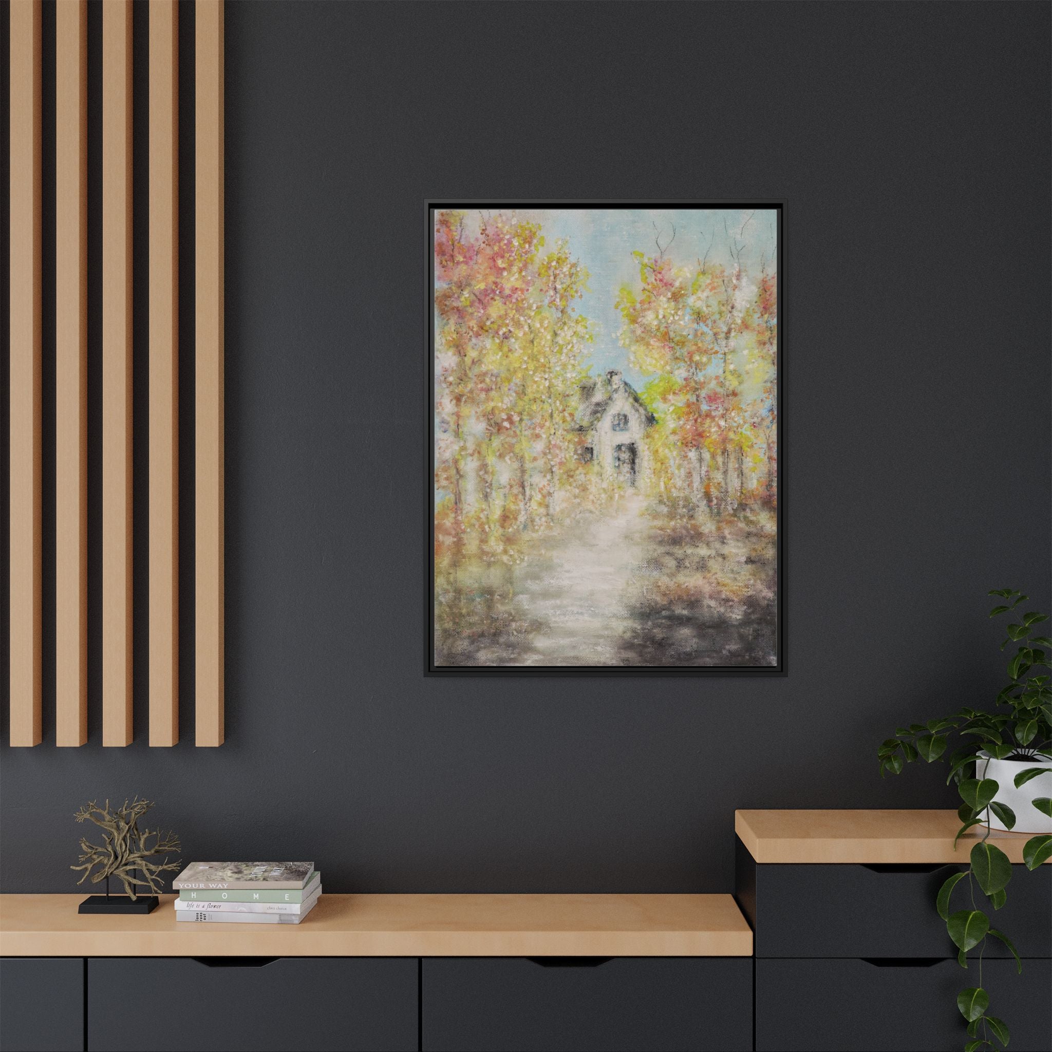 Framed Autumn Cottage Canvas Print — Rustic Fall Landscape Wall Art