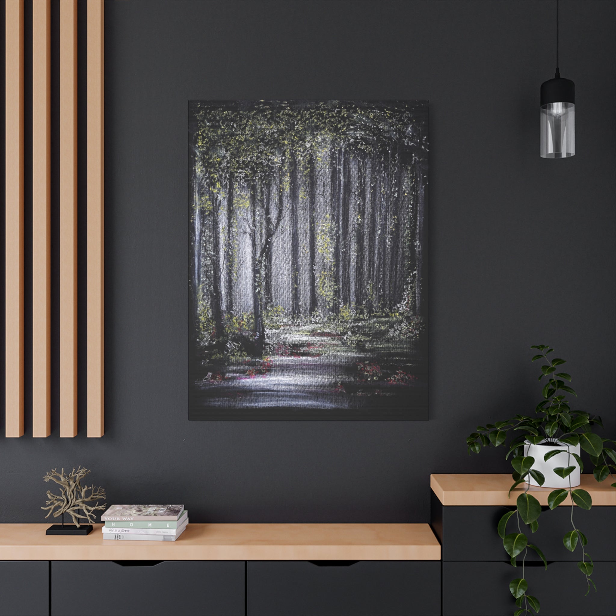 Forest Path Matte Canvas Wall Art — Moody Woodland Landscape, Stretched 1.25"