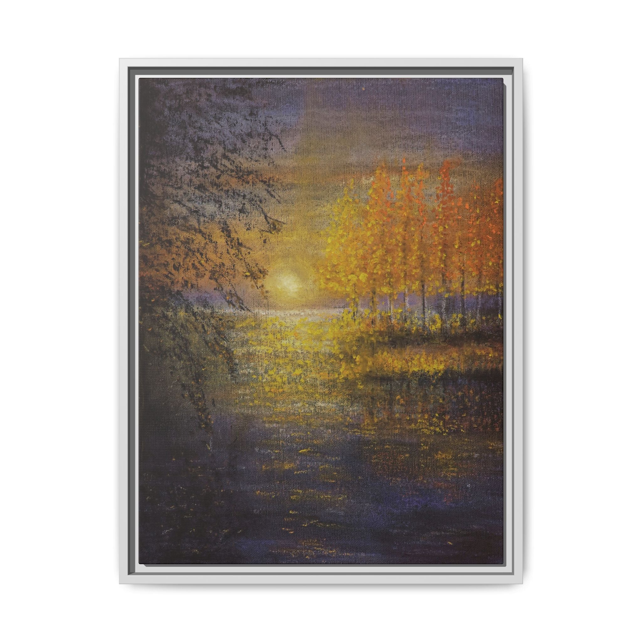 Framed Matte Canvas Painting - Golden Trees Over Tranquil Lake