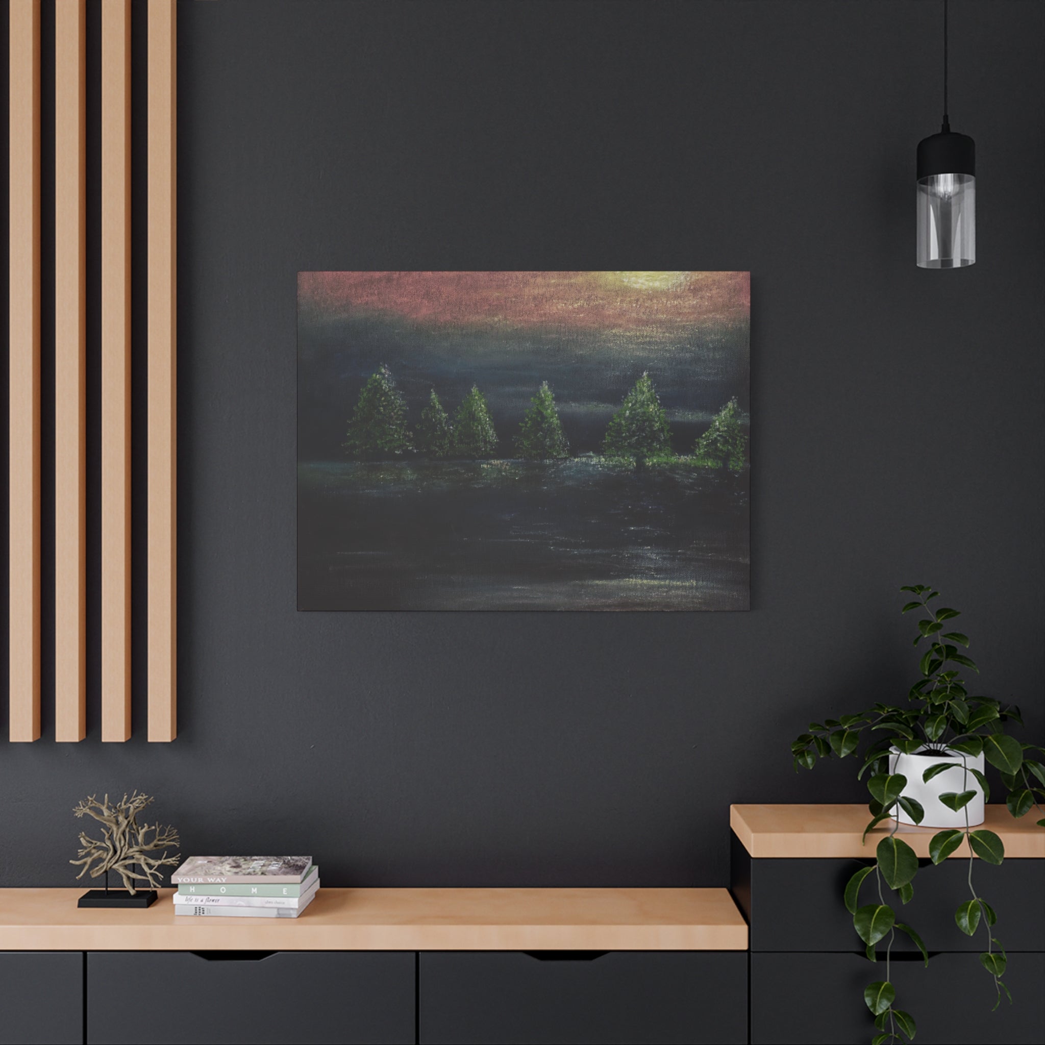 Moonlit Pine Trees Matte Canvas Wall Art — Stretched Nature Landscape Painting