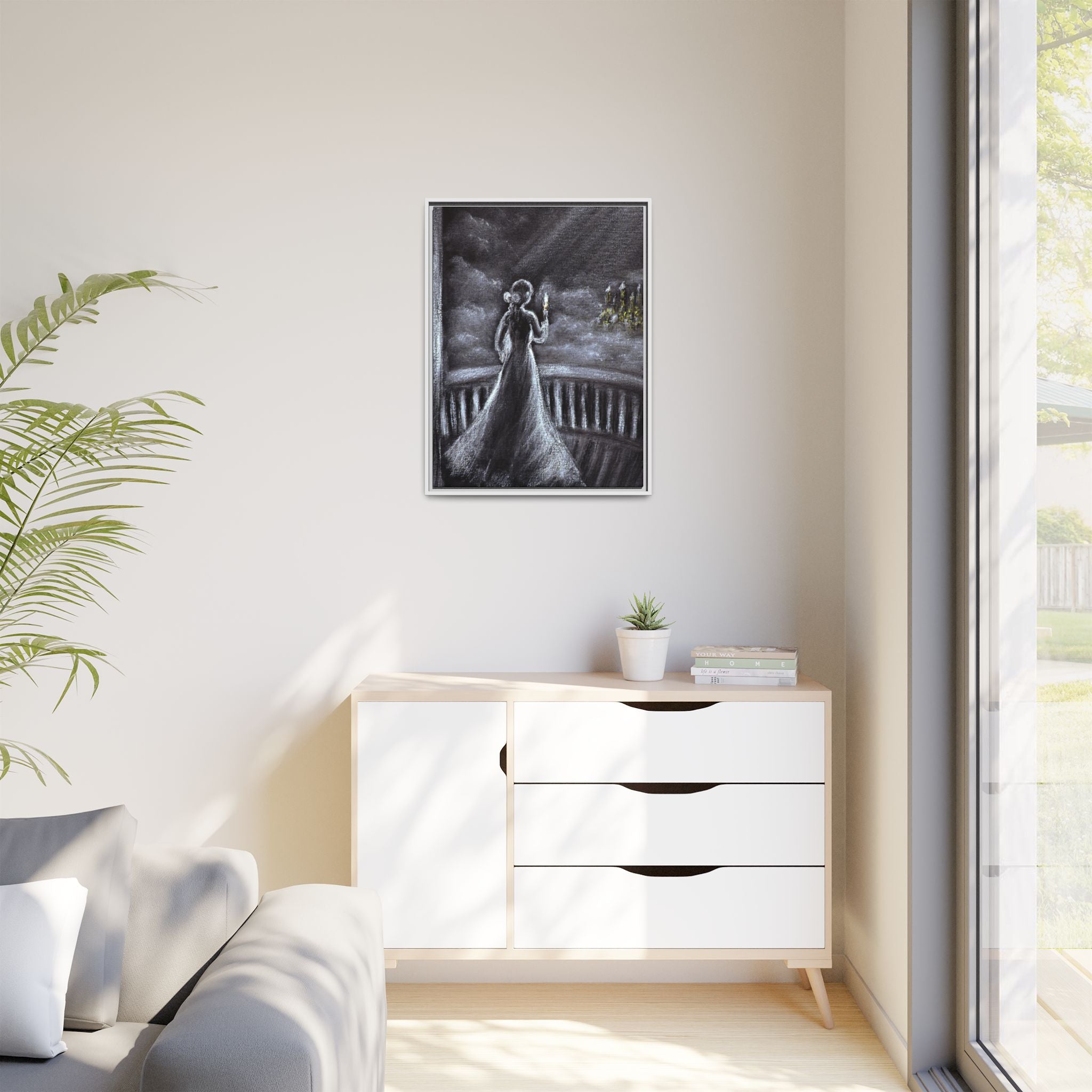 Framed Matte Canvas — Moonlit Lady on Balcony