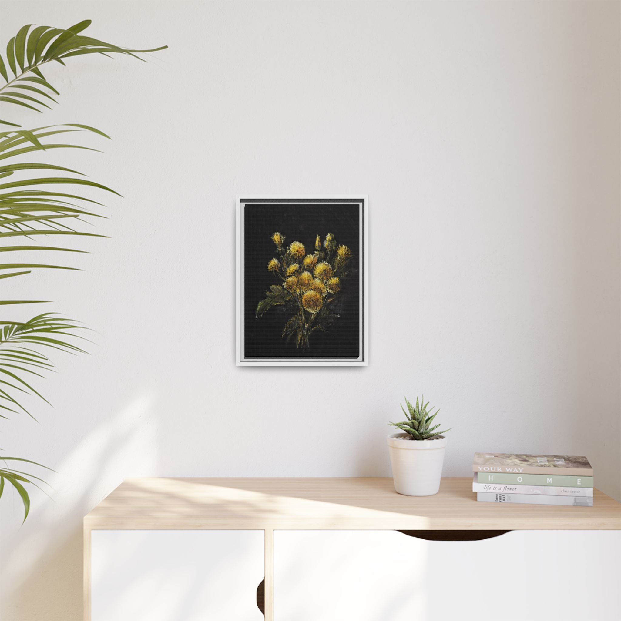 Framed Matte Canvas Print — Yellow Wildflower Bouquet on Black (Botanical Wall Art)