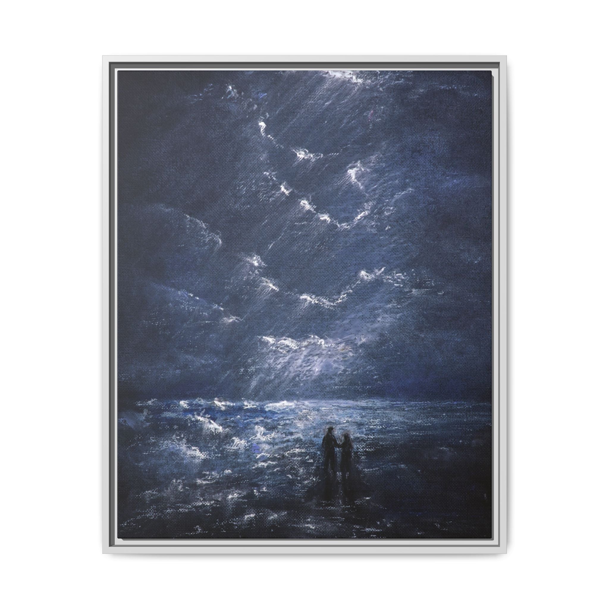 Couple on Shore at Night - Framed Canvas Art