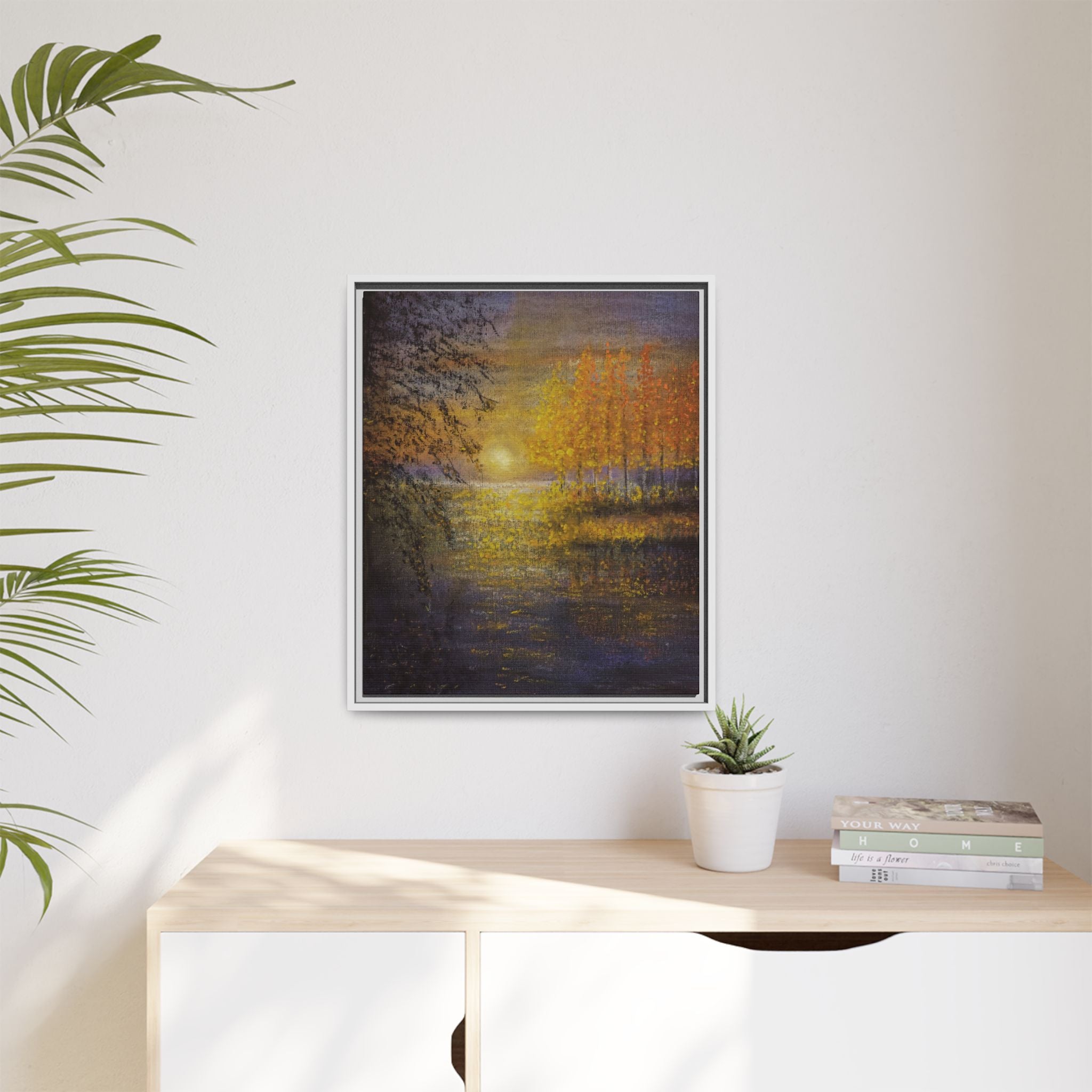 Framed Matte Canvas Painting - Golden Trees Over Tranquil Lake