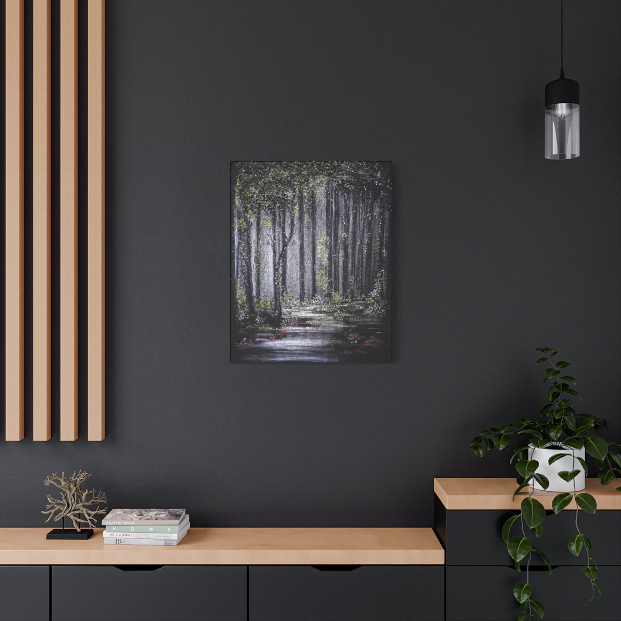 Forest Path Matte Canvas Wall Art — Moody Woodland Landscape, Stretched 1.25"