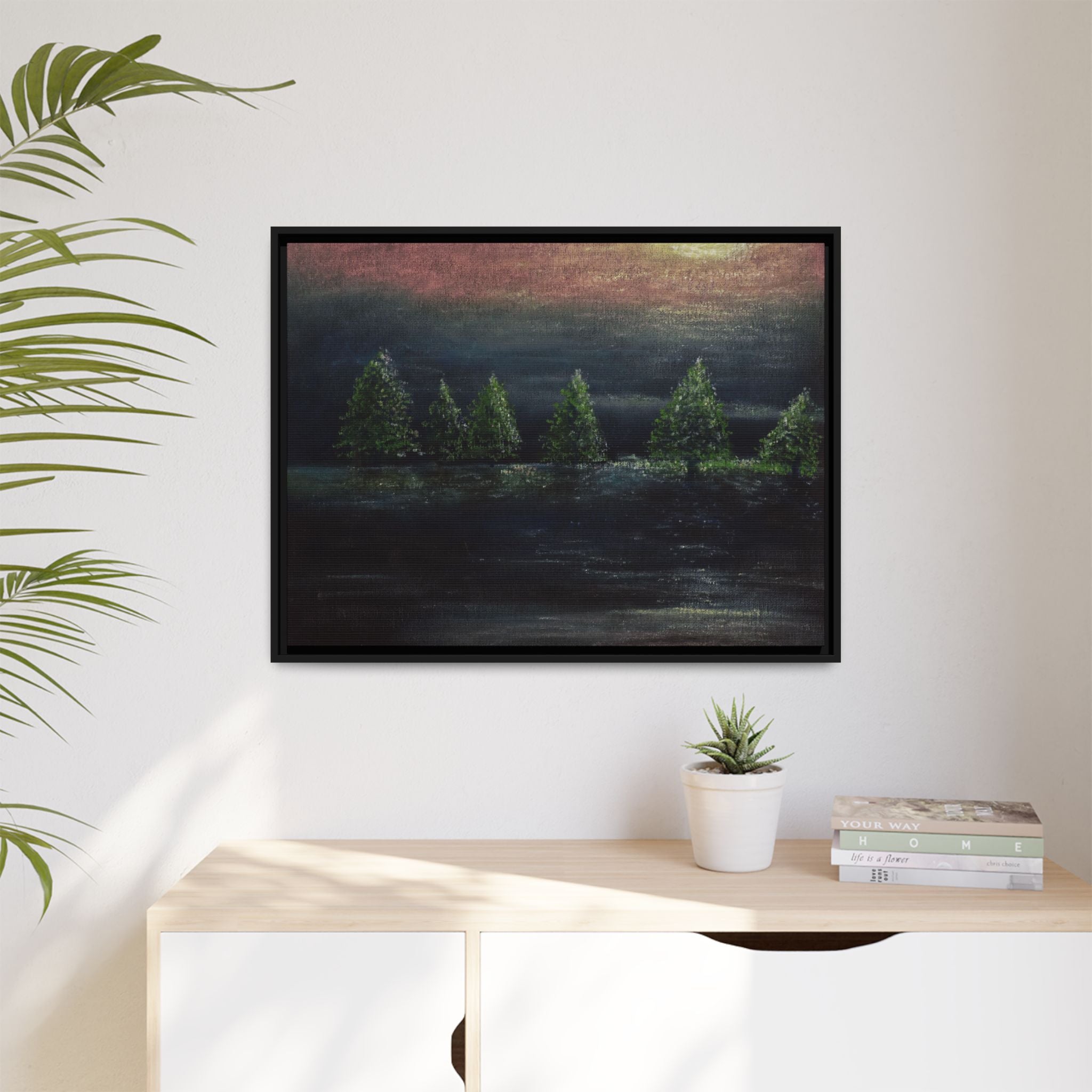 Framed Matte Canvas Wall Art — Moonlit Pine Trees Landscape