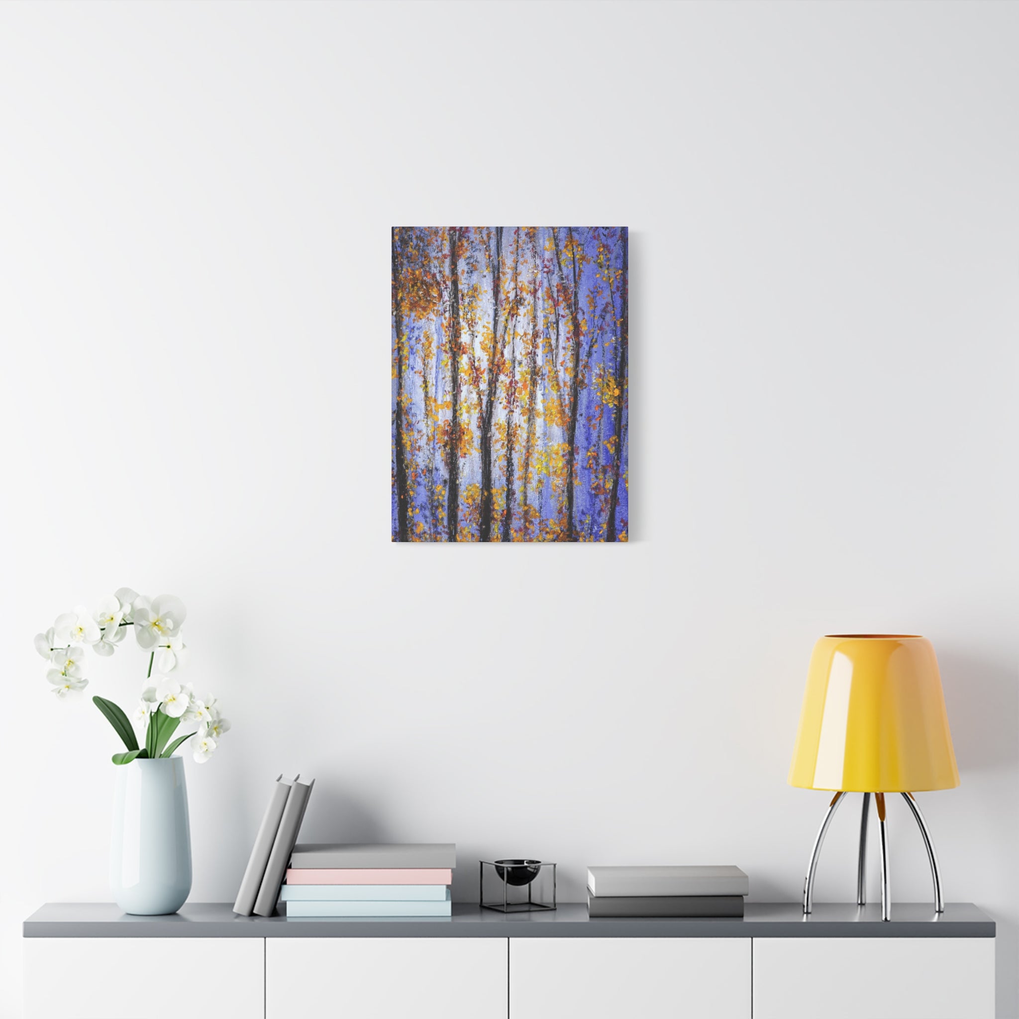 Autumn Aspens Matte Stretched Canvas – Purple & Gold Forest Wall Art (1.25")