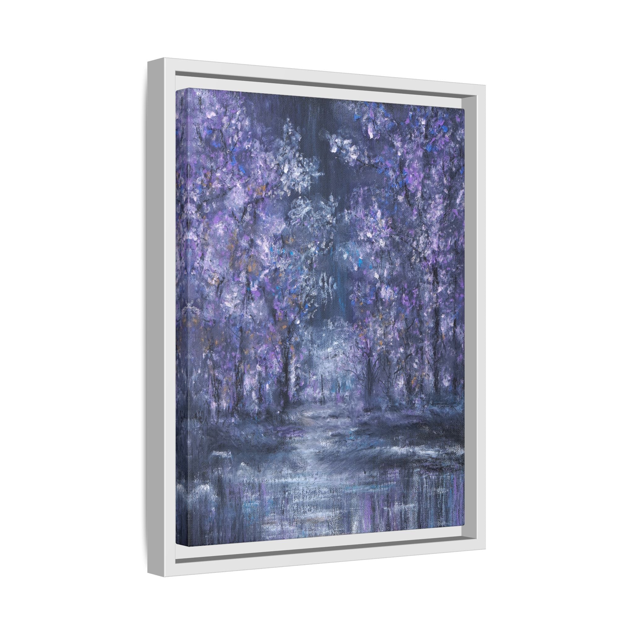 Framed Matte Canvas Art – Lavender Forest Moonlit Landscape
