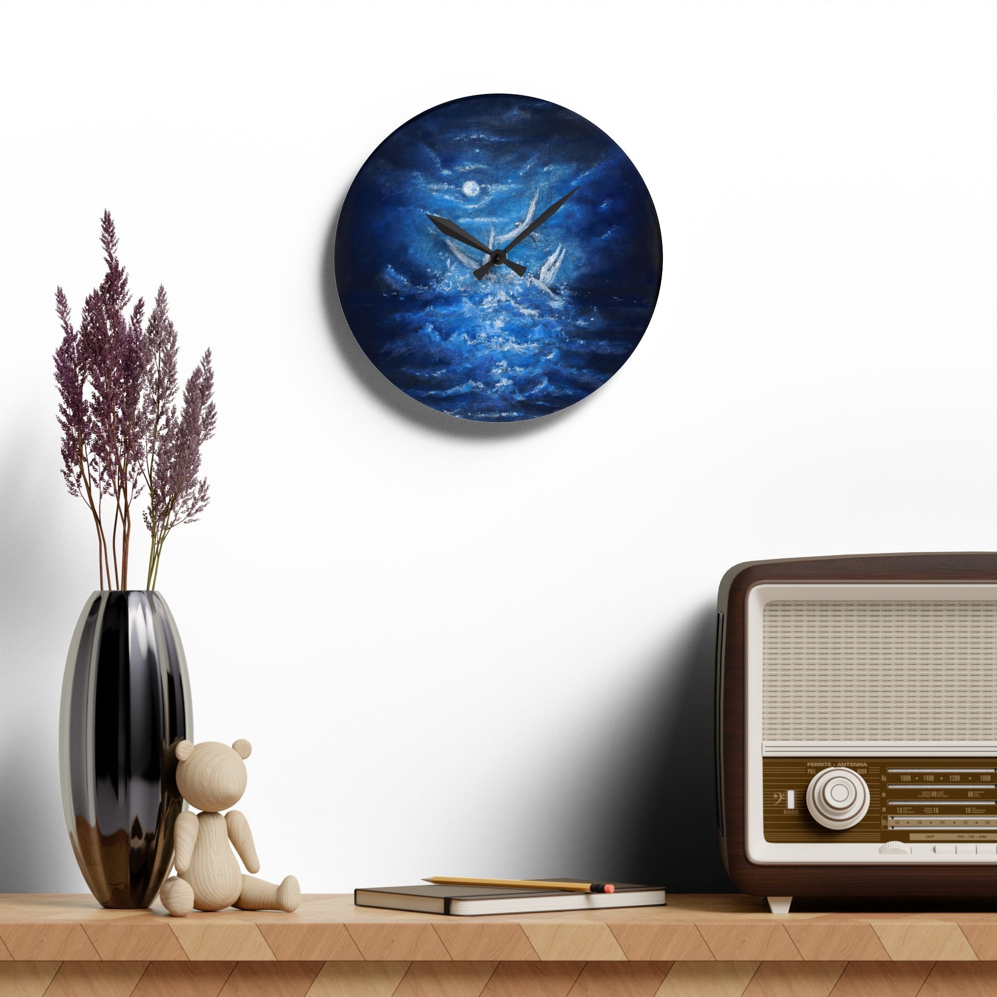 Acrylic Wall Clock — Midnight Ocean White Birds Night Sky Art