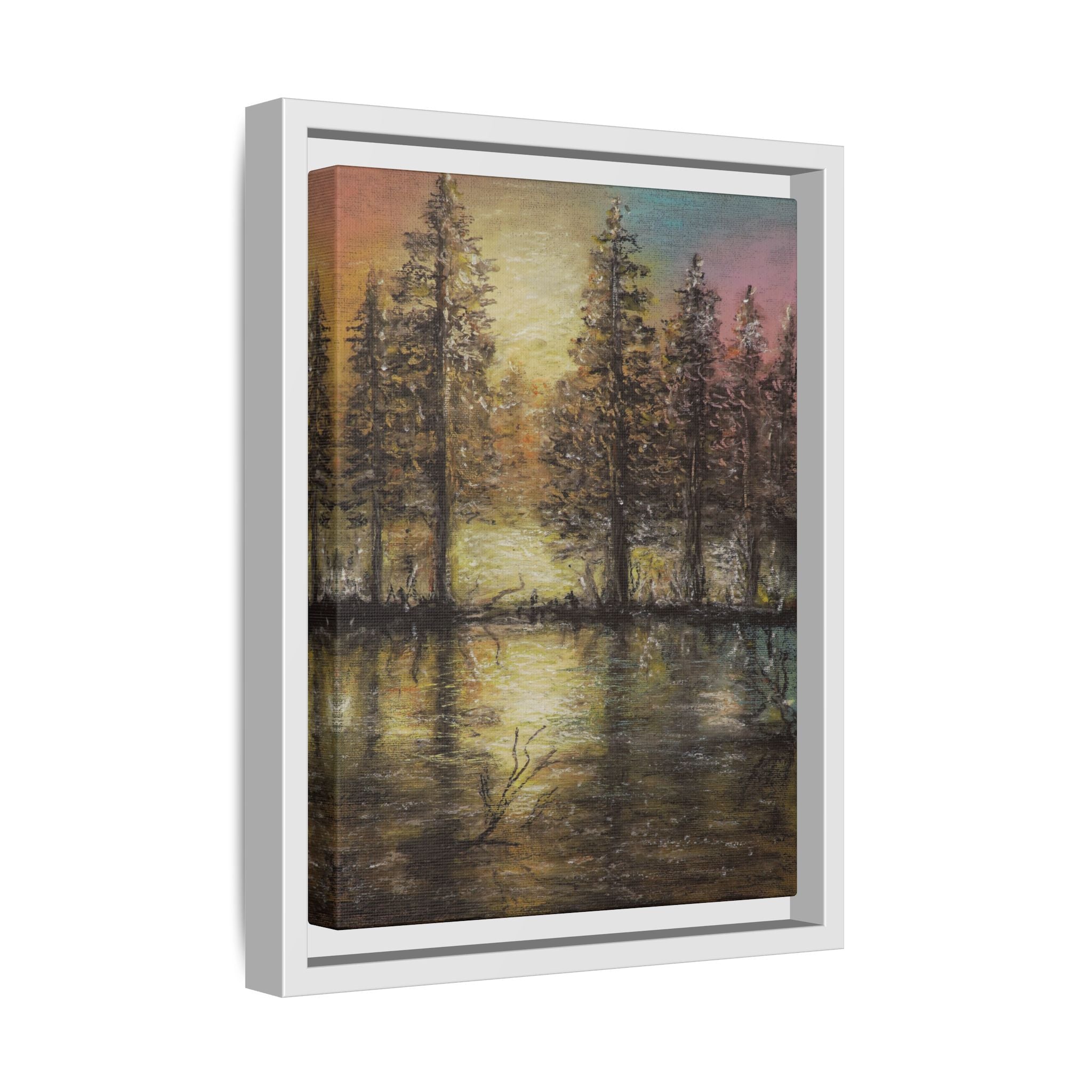 Framed Matte Canvas Wall Art — Sunset Forest Reflection