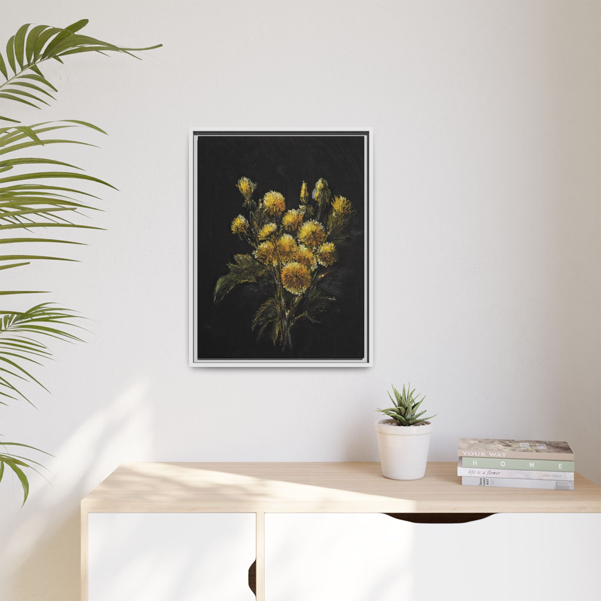 Framed Matte Canvas Print — Yellow Wildflower Bouquet on Black (Botanical Wall Art)