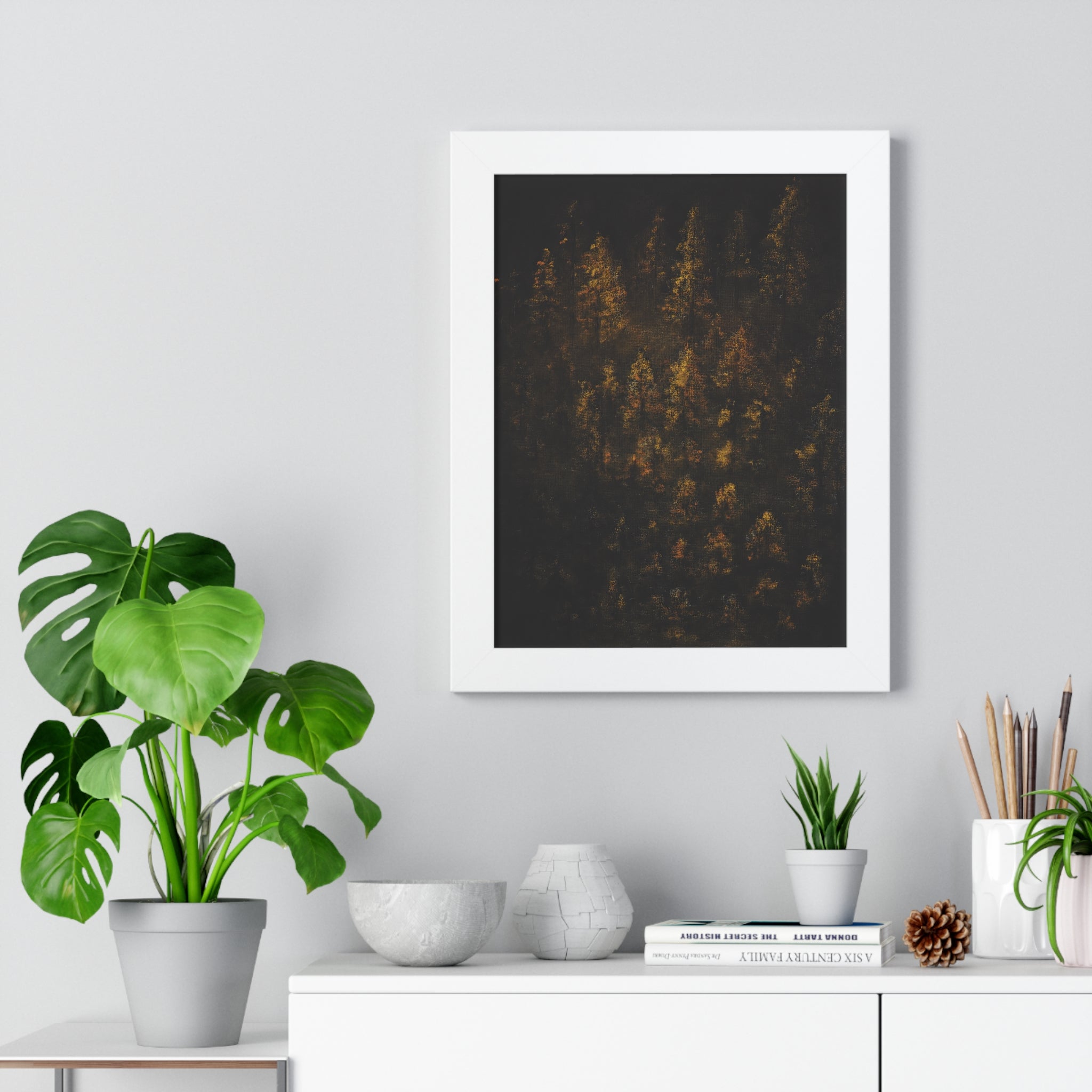 Framed Poster — Moody Golden Forest Wall Art (Vertical)