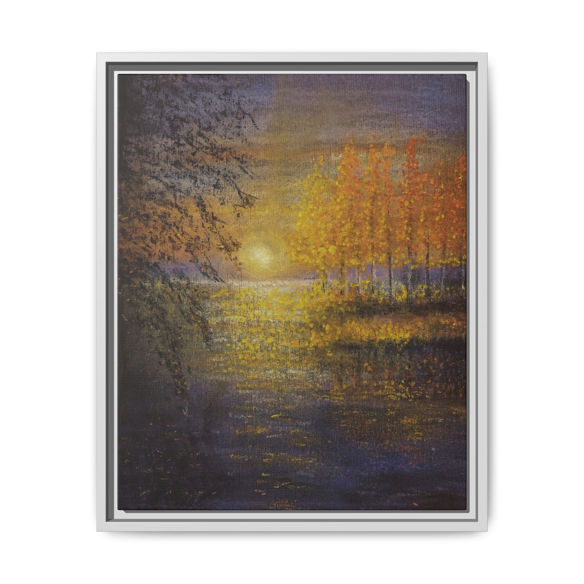 Framed Matte Canvas Painting - Golden Trees Over Tranquil Lake