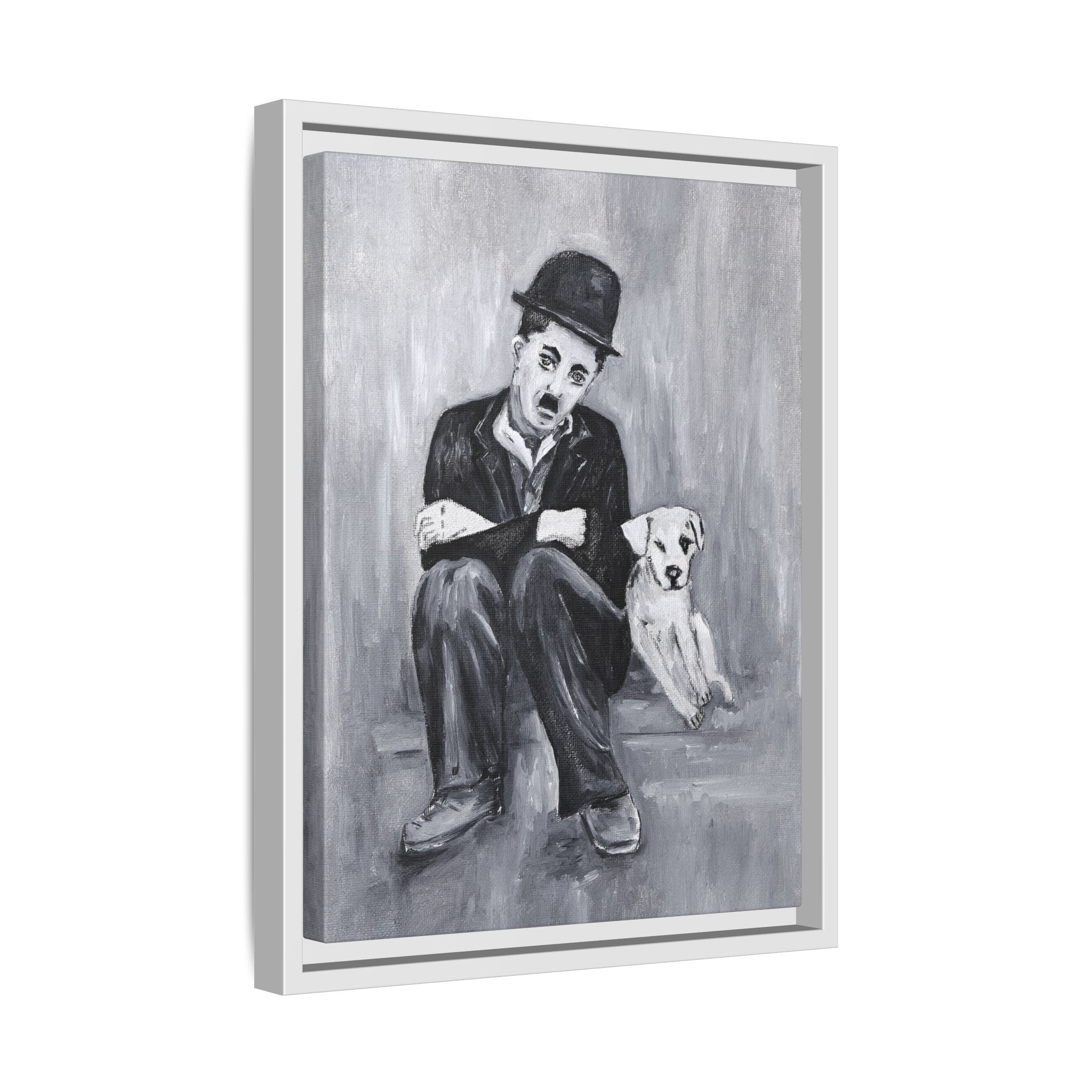 Charlie Chaplin & Dog Matte Framed Canvas Print — Vintage Black & White Wall Art