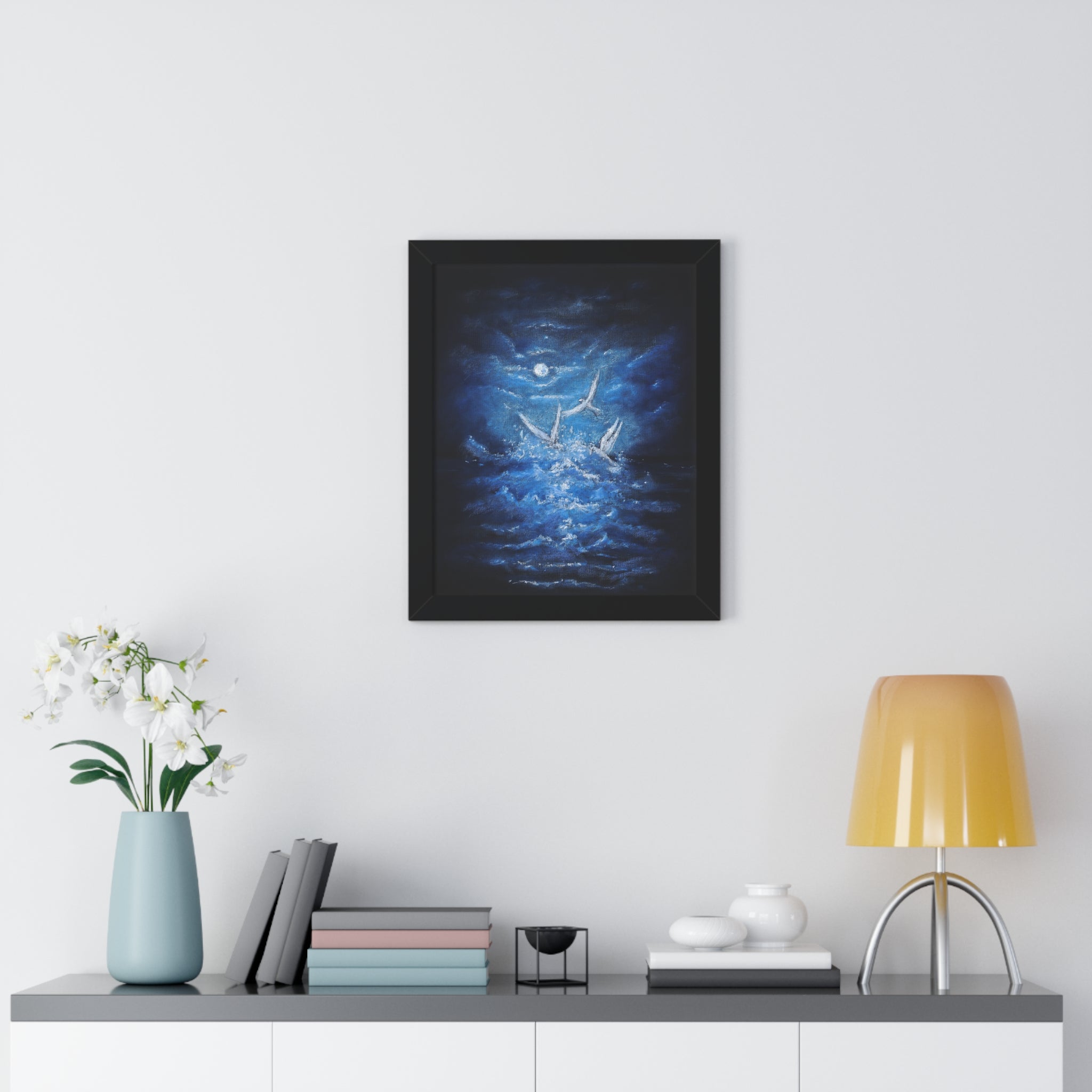 Framed Poster — Moonlit Sea with Flying Birds (Vertical)