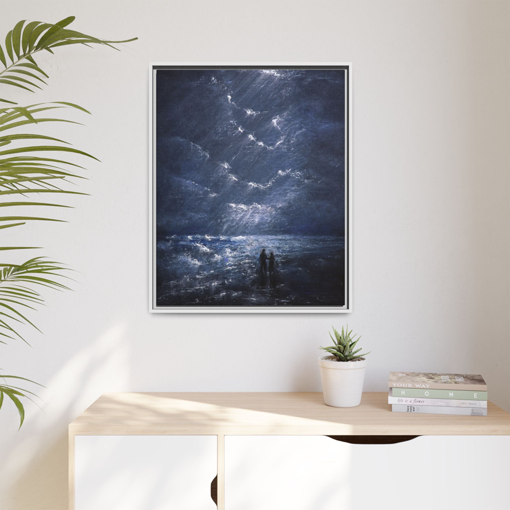Couple on Shore at Night - Framed Canvas Art