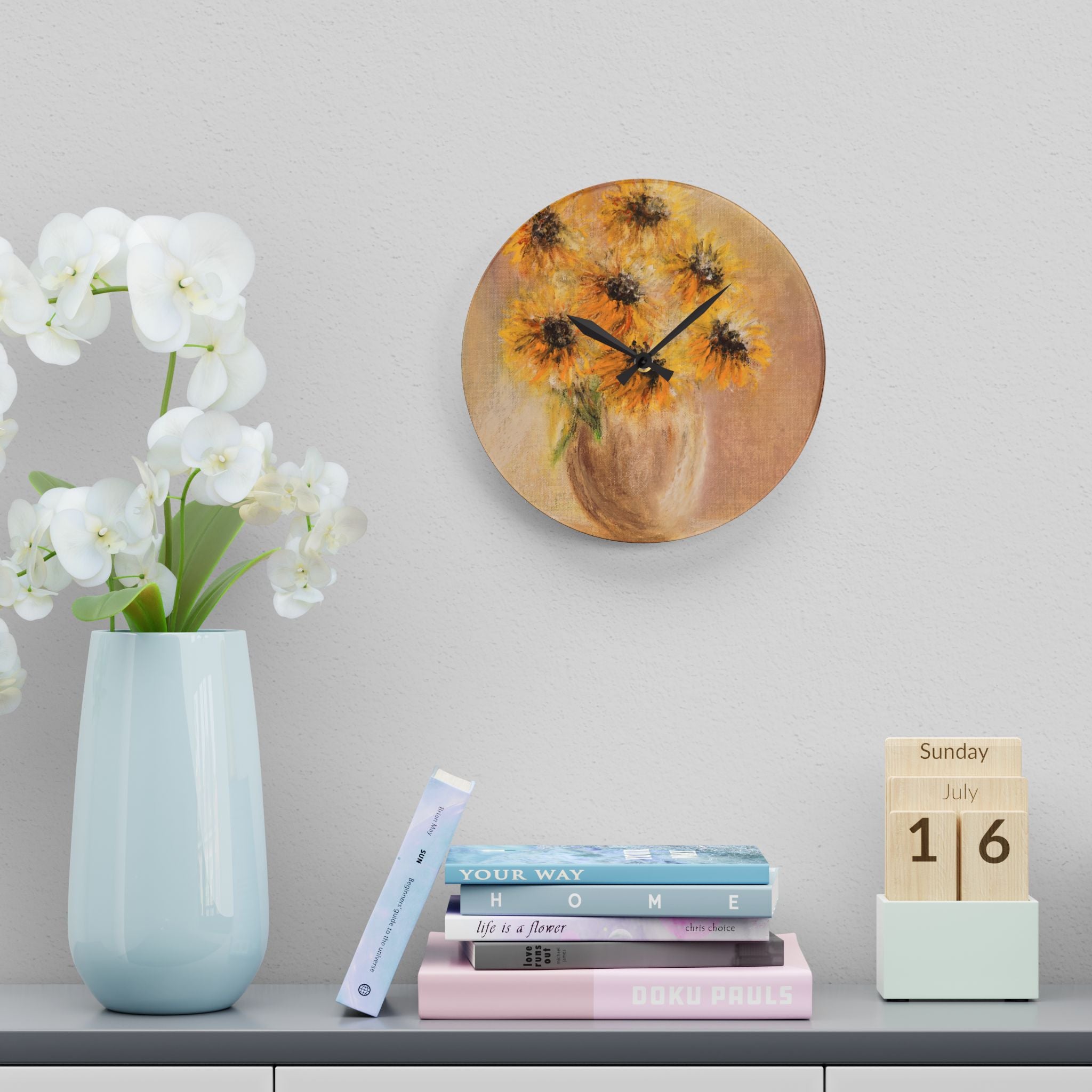 Acrylic Wall Clock — Sunflower Vase Art Clock, Rustic Floral Home Decor