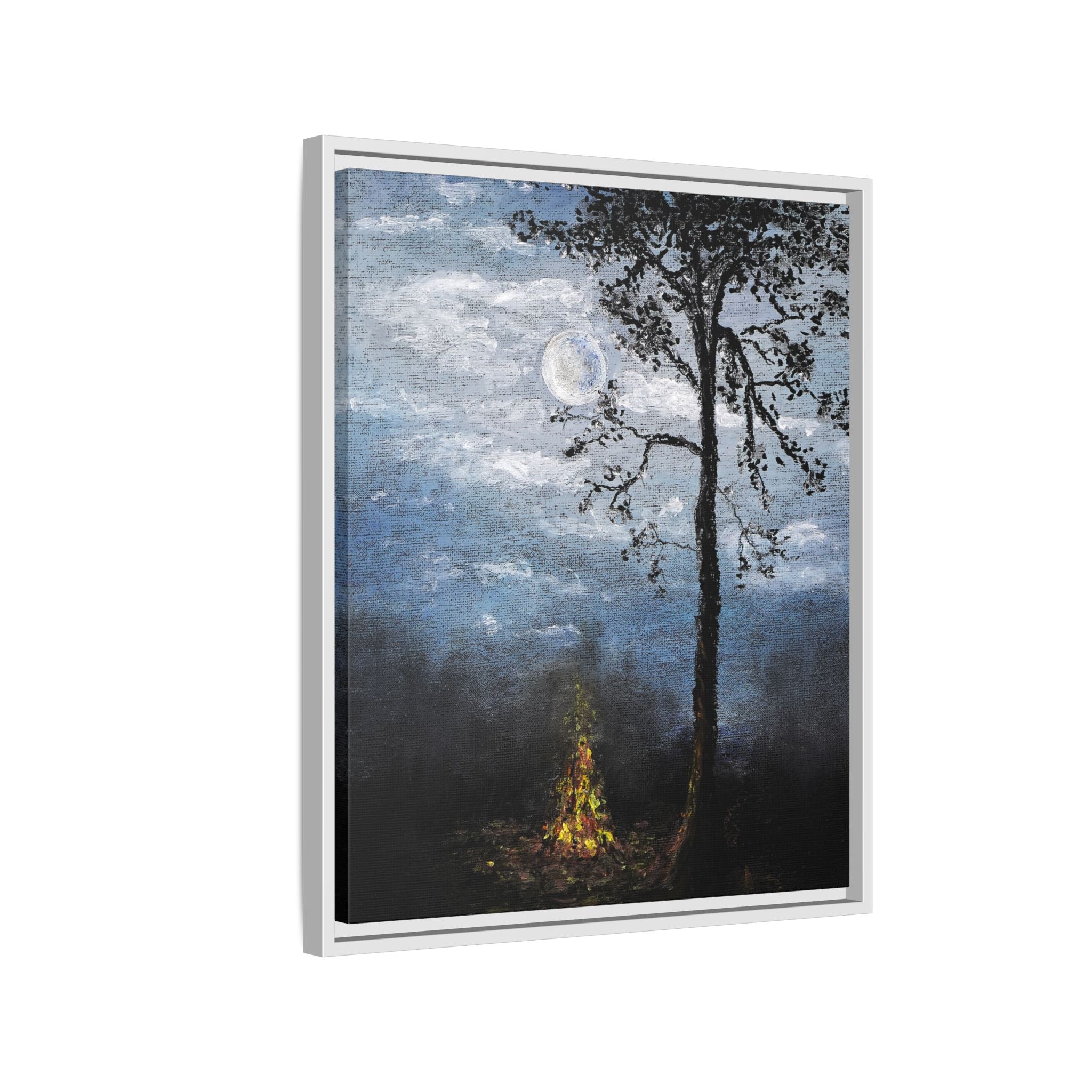 Framed Matte Canvas Print — Moonlit Campfire Landscape