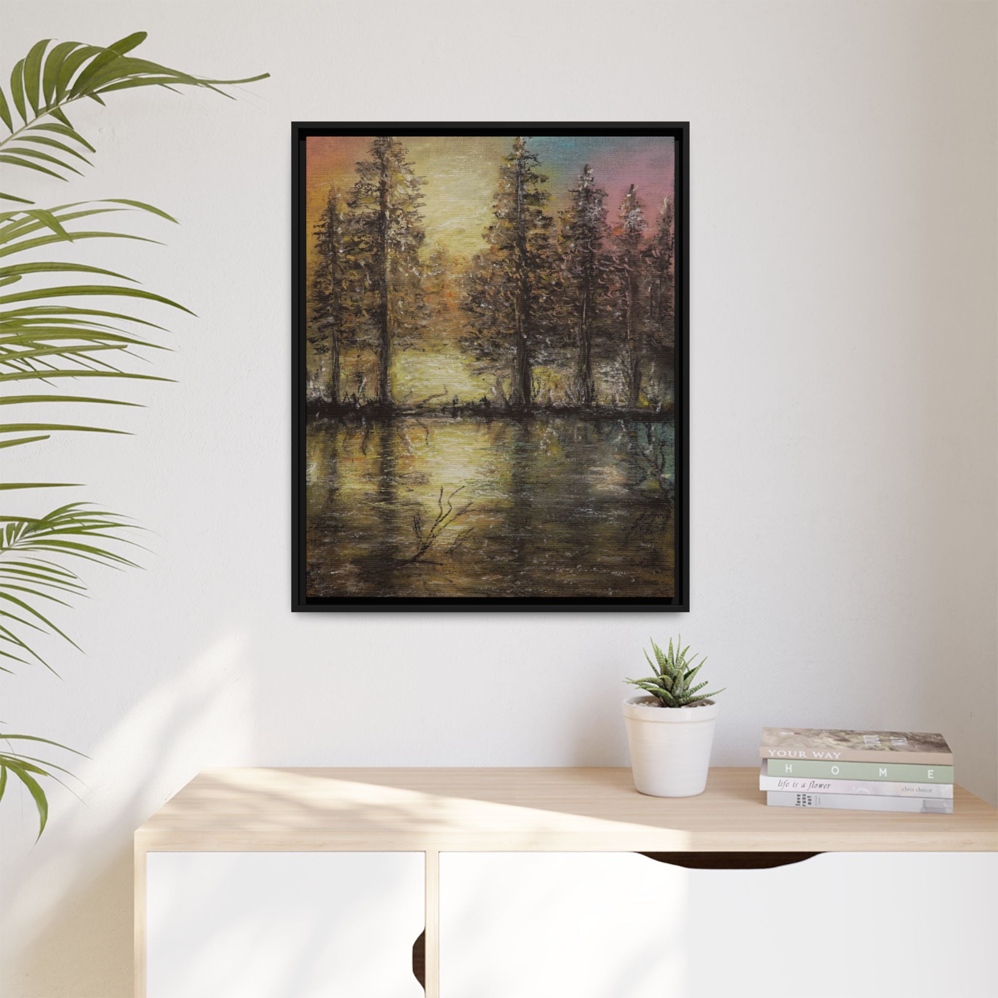 Framed Matte Canvas Wall Art — Sunset Forest Reflection