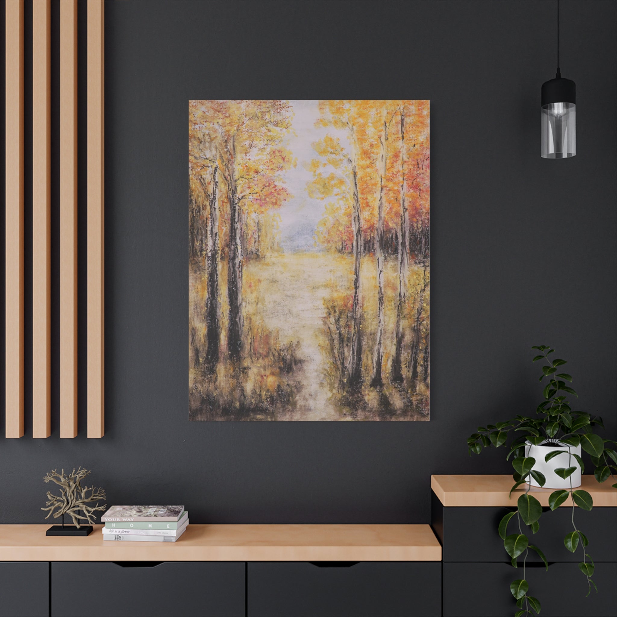 Canvas matte print after original painting in oil colors, an artistic depiction of a forest scene with trees on a dark wall.