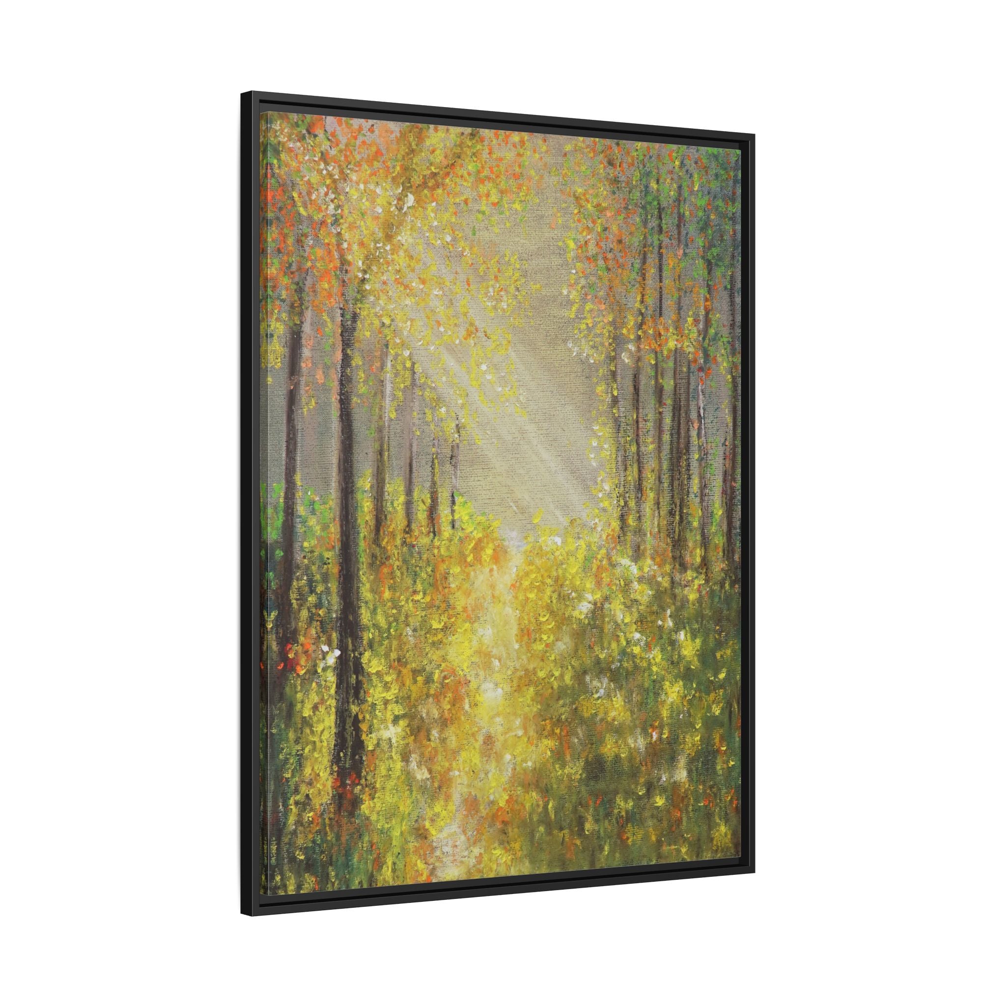 Sunlit Forest Path Framed Canvas Art — Autumn Woodland Wall Decor
