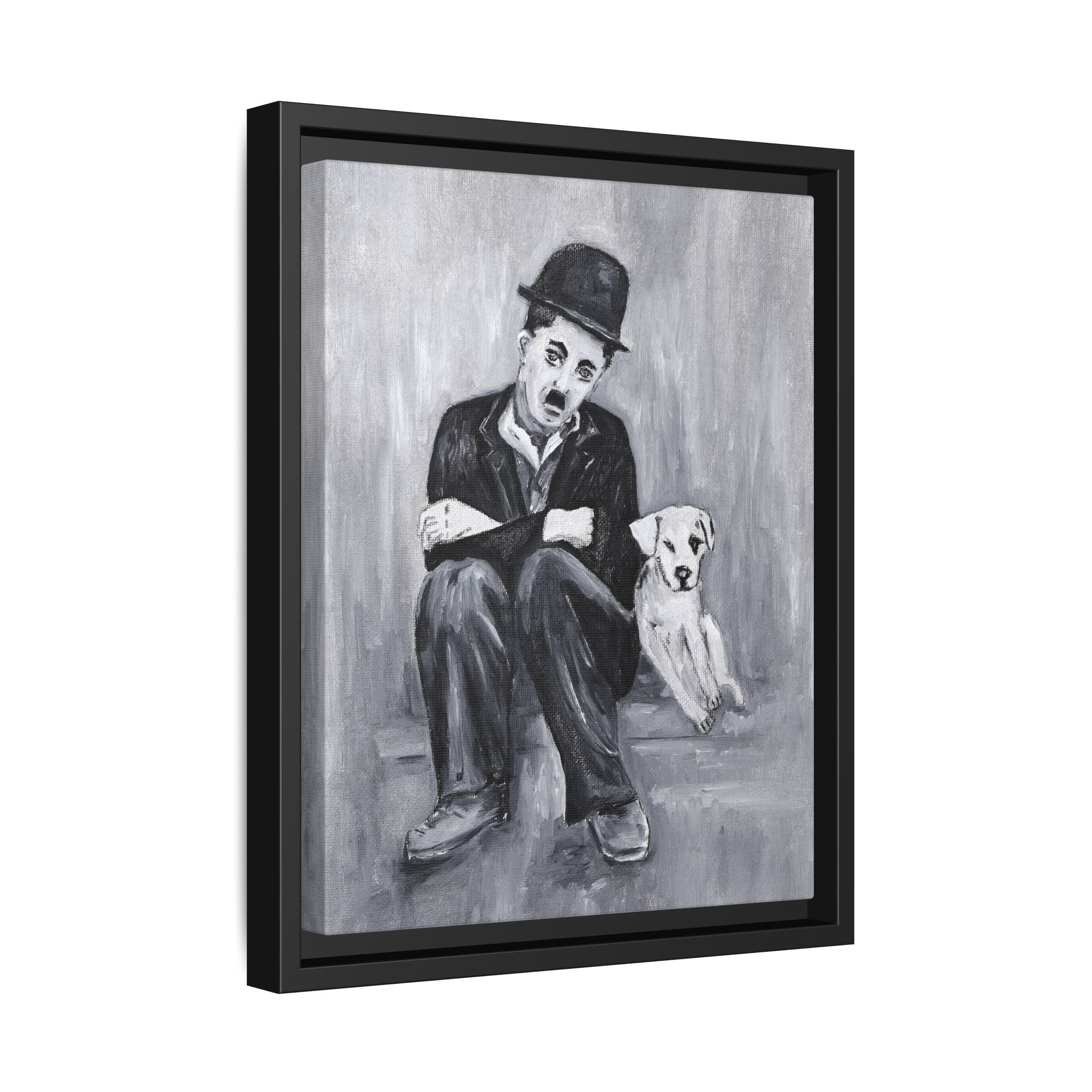 Charlie Chaplin & Dog Matte Framed Canvas Print — Vintage Black & White Wall Art