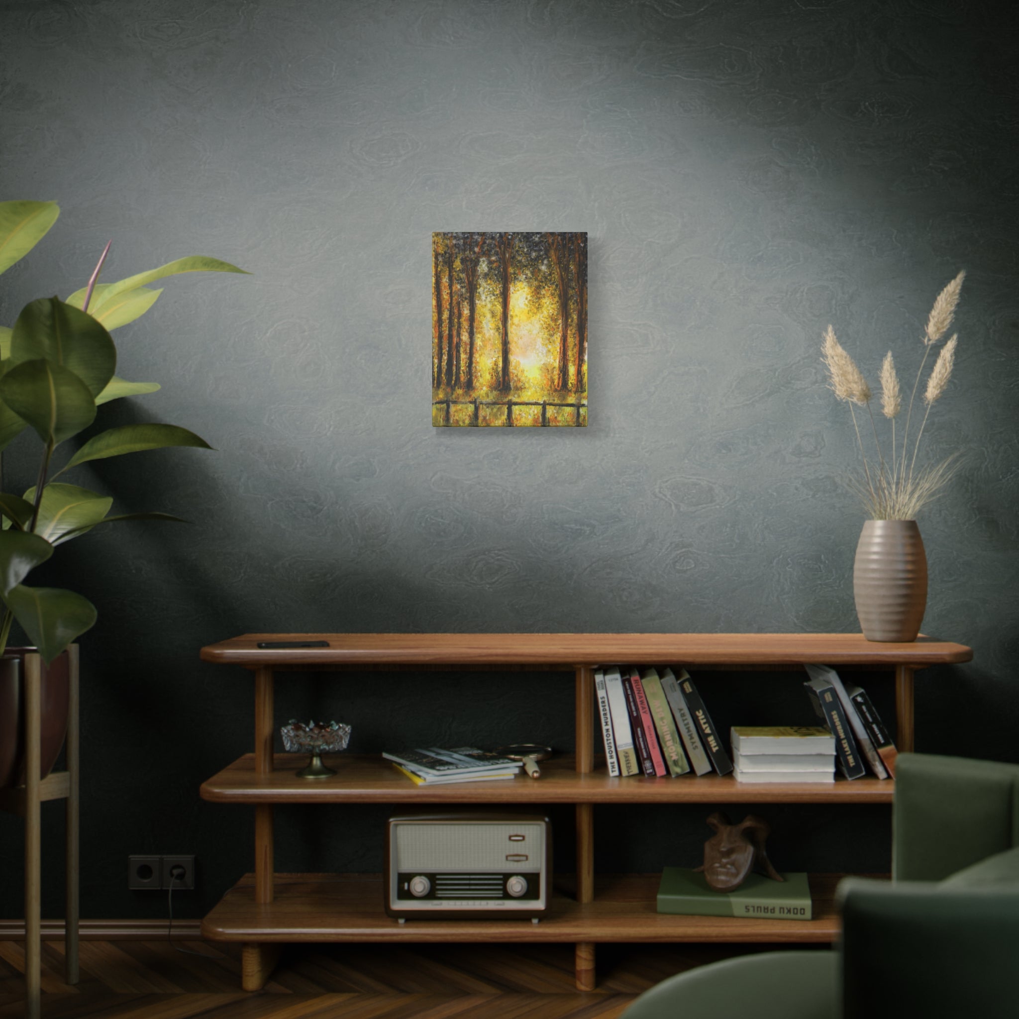 Sunlit Forest Matte Canvas Wall Art — Golden Trees Landscape